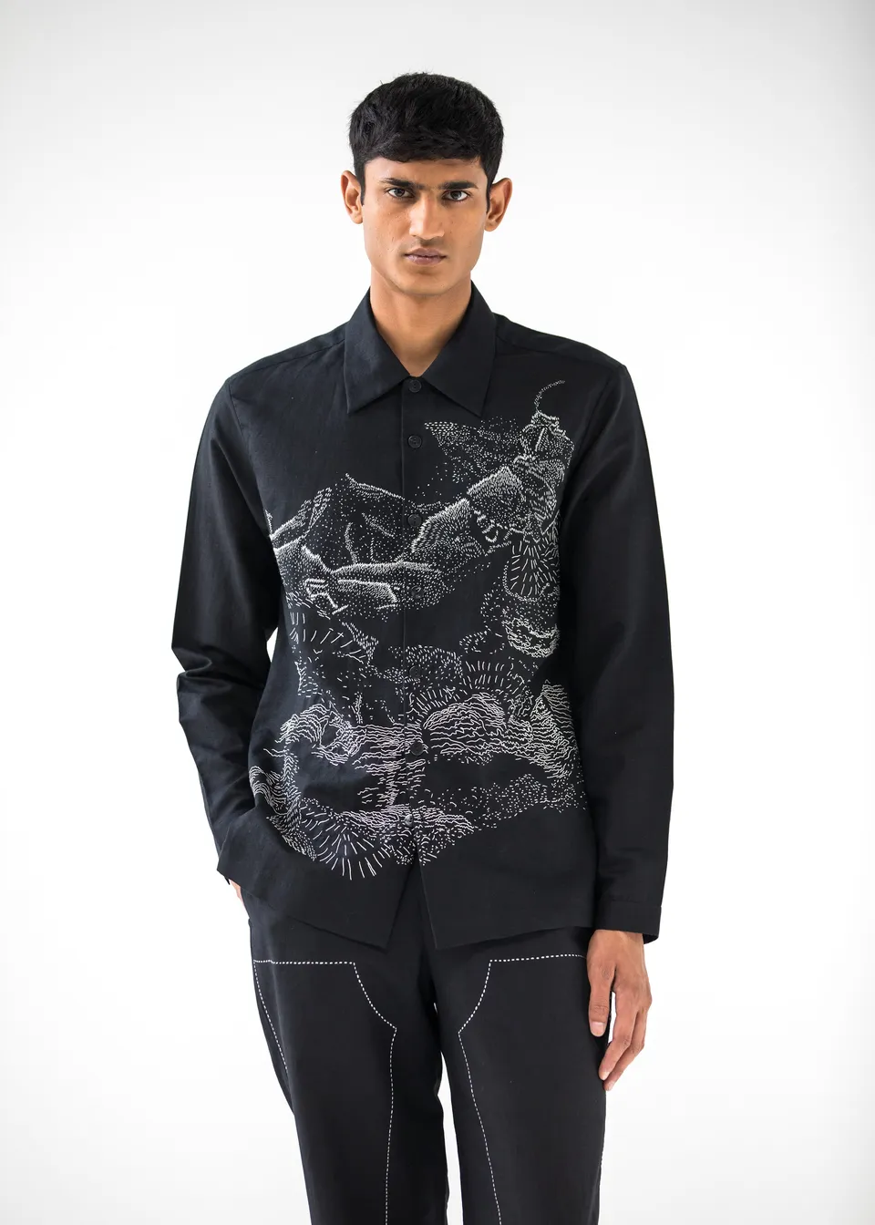 COUNTRYMADE Shirts DUNKIRK OVERSHIRT surchemise noire en lin brodé