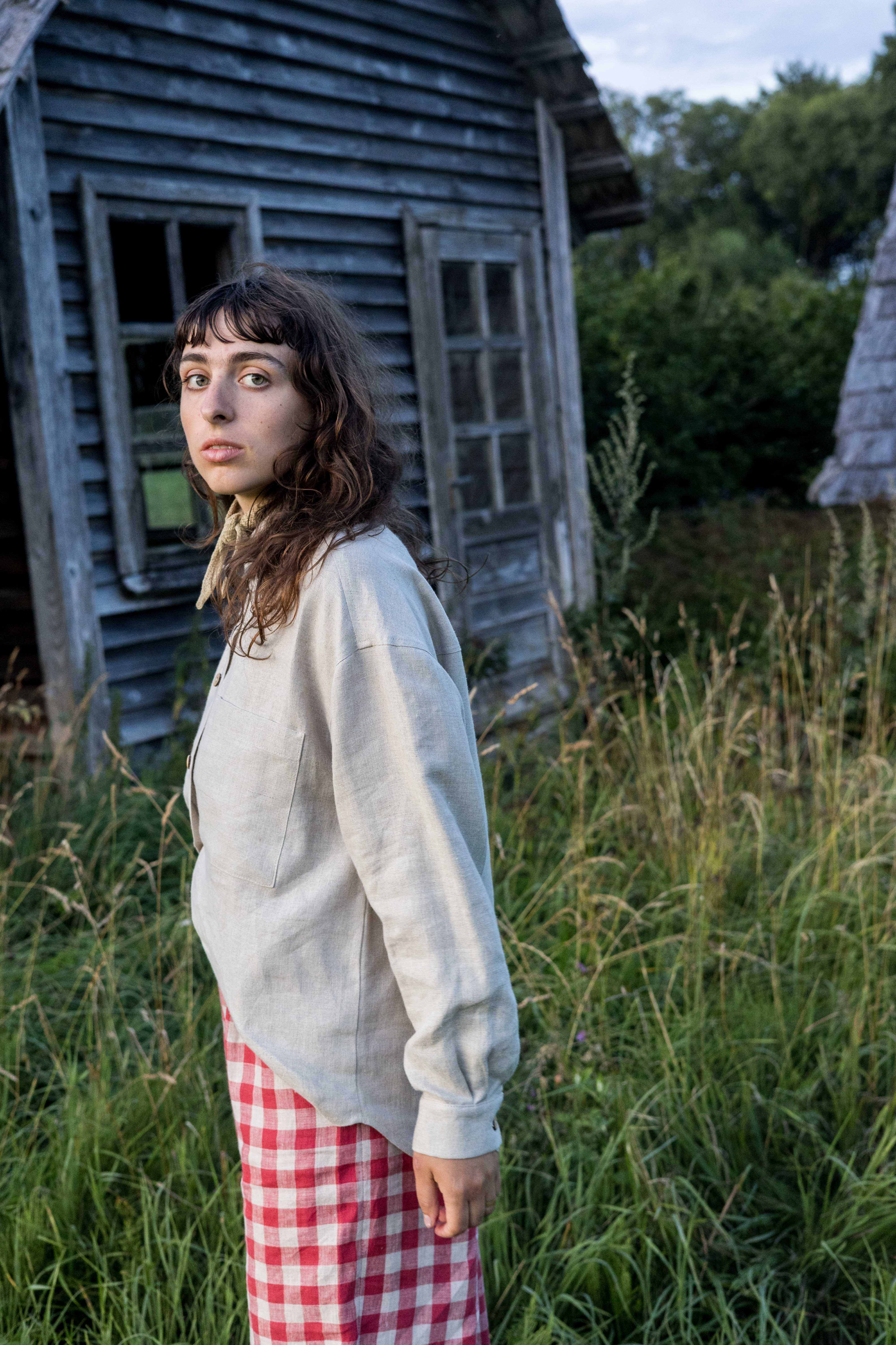 Laumė linen Linen Tops Vandenė chemise en lin bleu ciel oversize