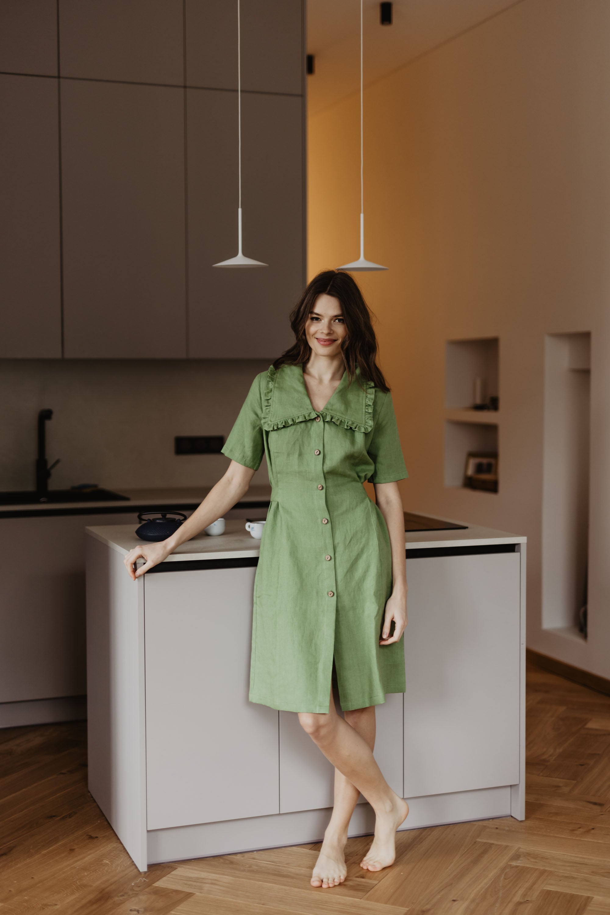 Laumė linen Linen Dresses Melnrage robe en lin rose poudré, longueur midi