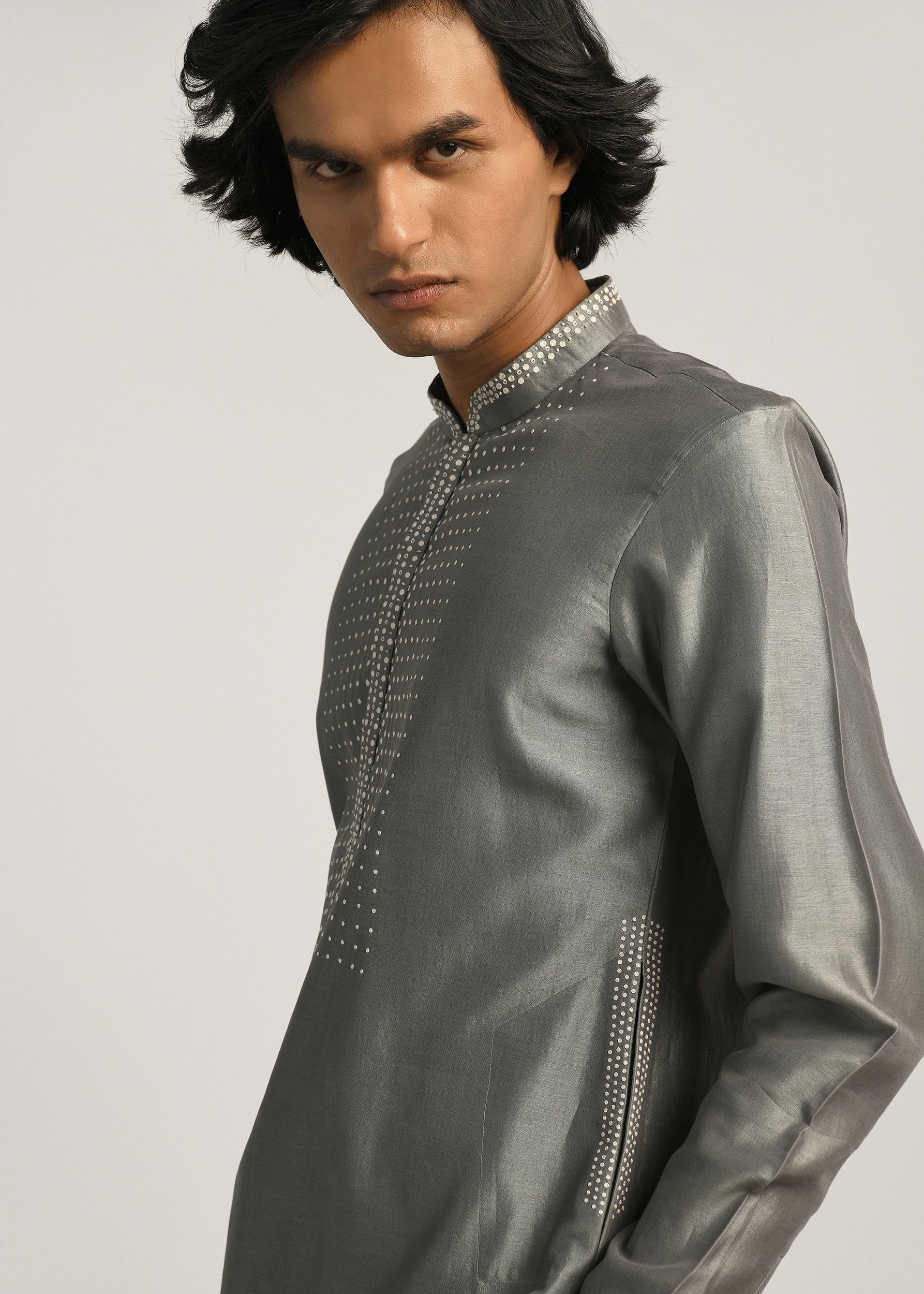 COUNTRYMADE Kurtas Dots Yoke Kurta Set gris fumé en Chanderi