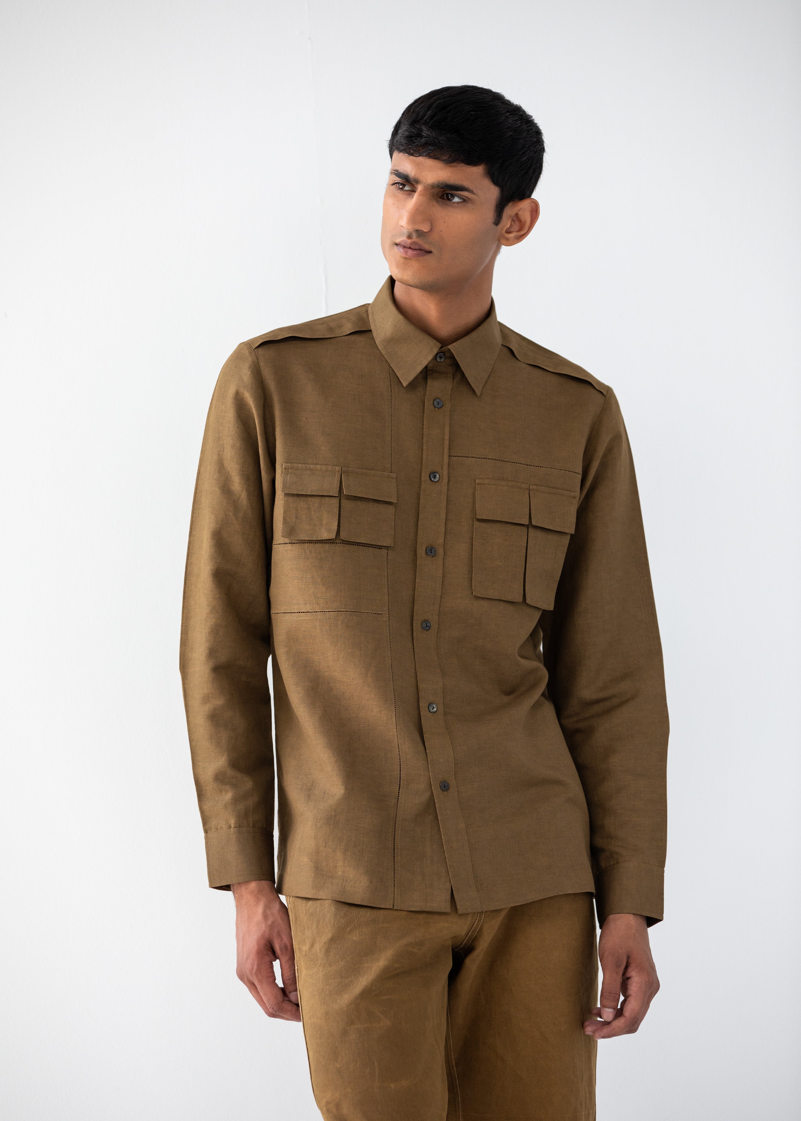 COUNTRYMADE Shirts NO MAN'S LAND WORKWEAR POCKET SHIRT marron en lin