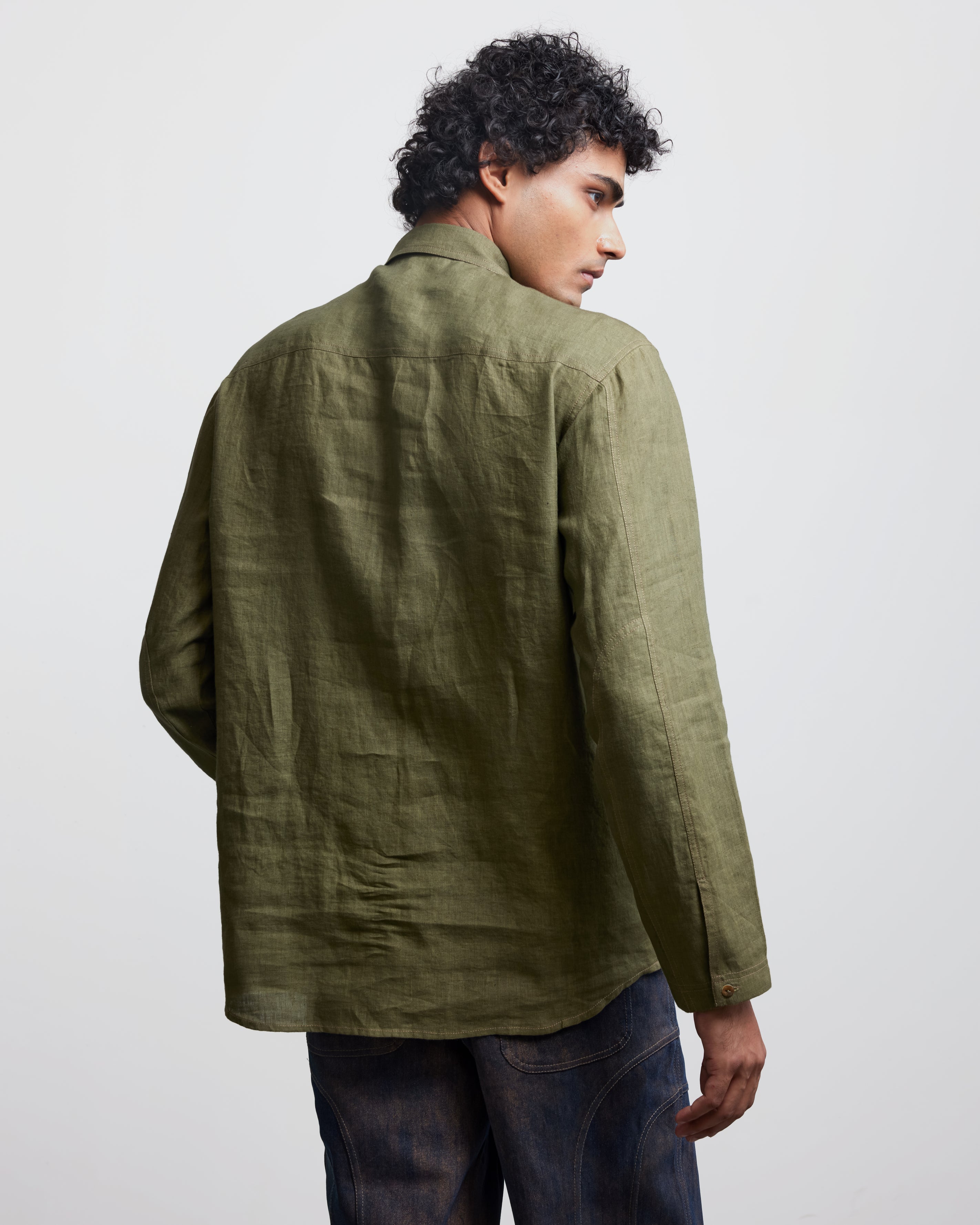 COUNTRYMADE Shirts Faux Button Olive Half-Placket Shirt en lin olive