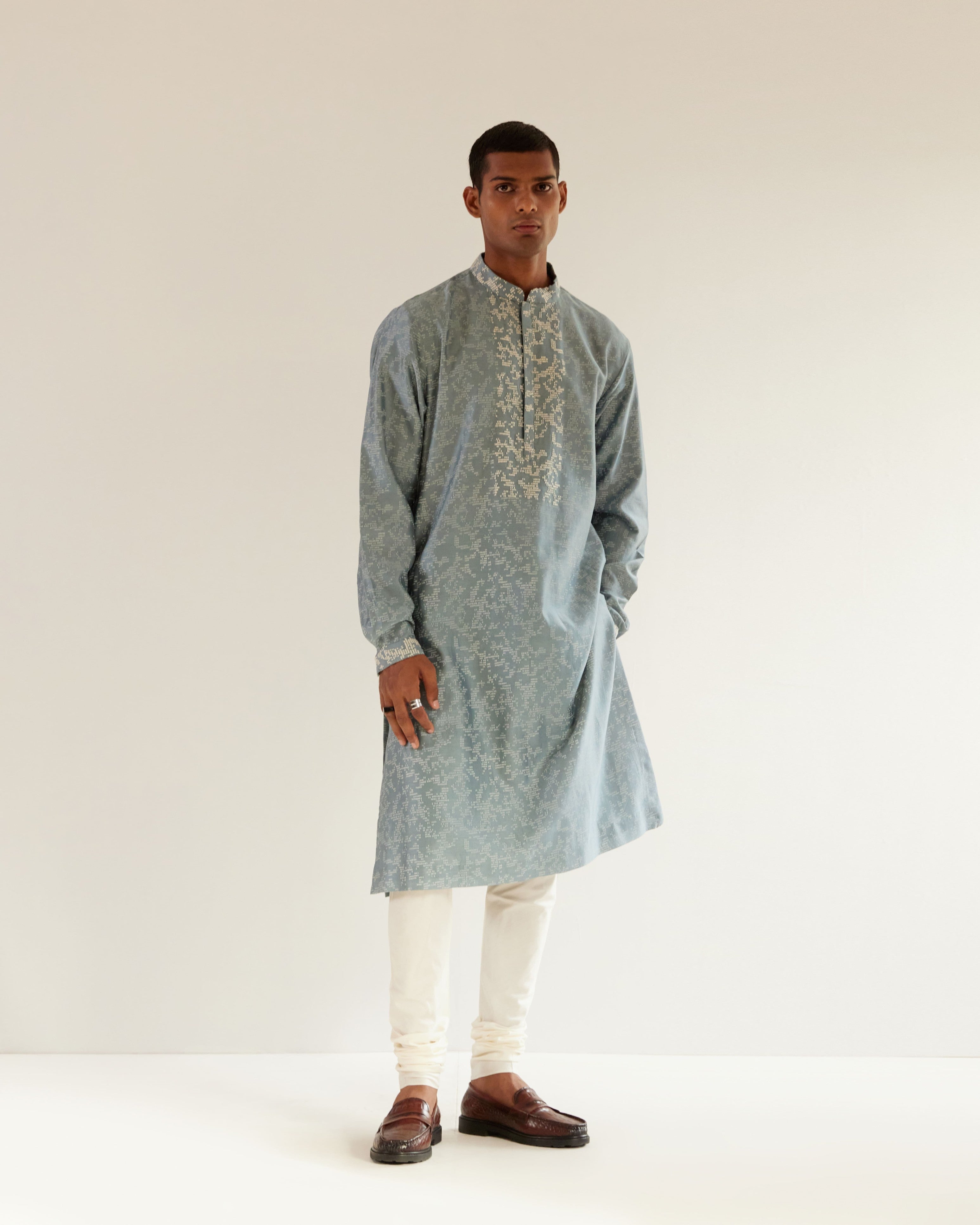 COUNTRYMADE Kurtas Camo-Block Print Kurta Set With Embroidered Yoke ensemble bleu poudre