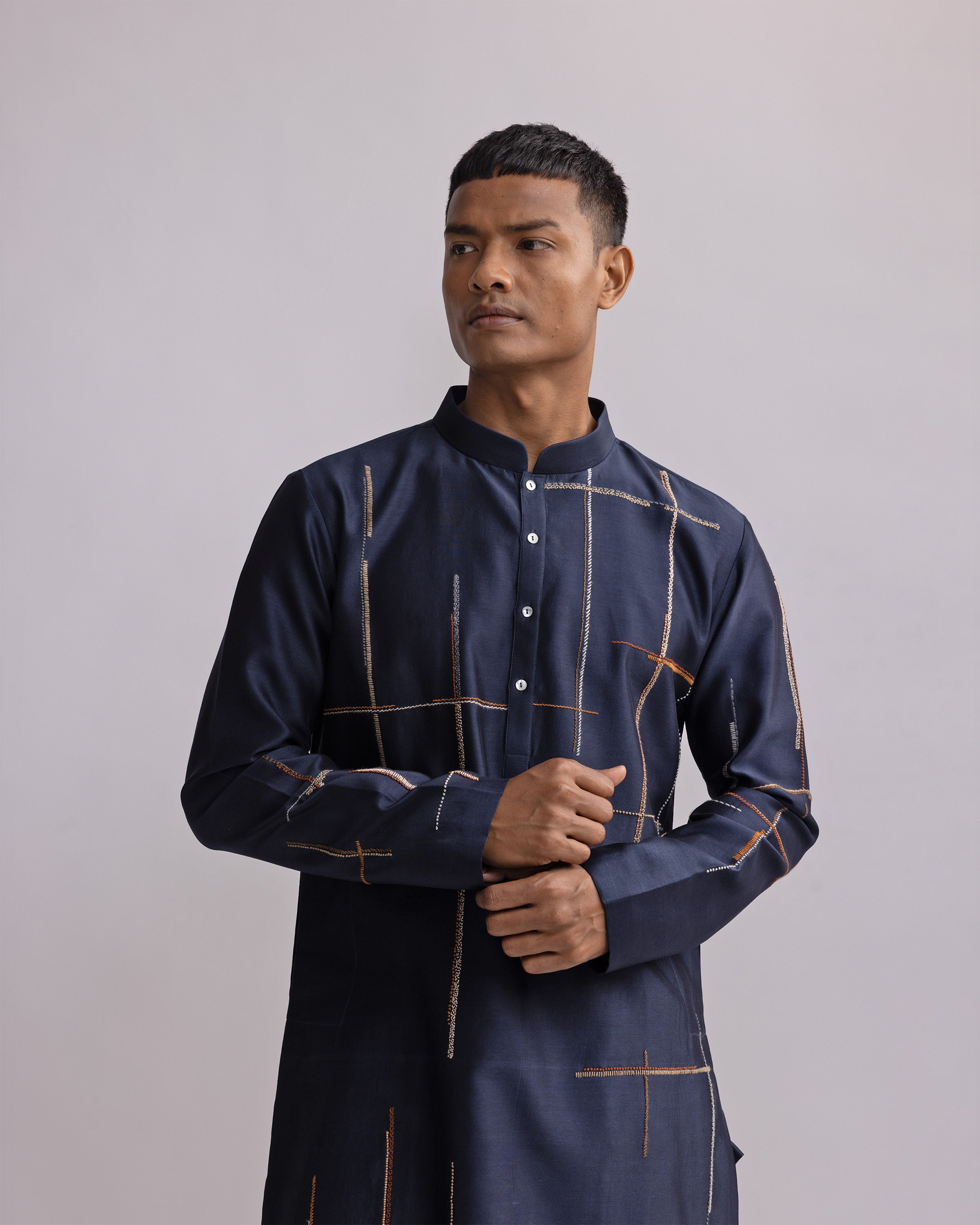 COUNTRYMADE Kurtas Placement Checks Hand Embroidered Olive Kurta Set kurta brodé
