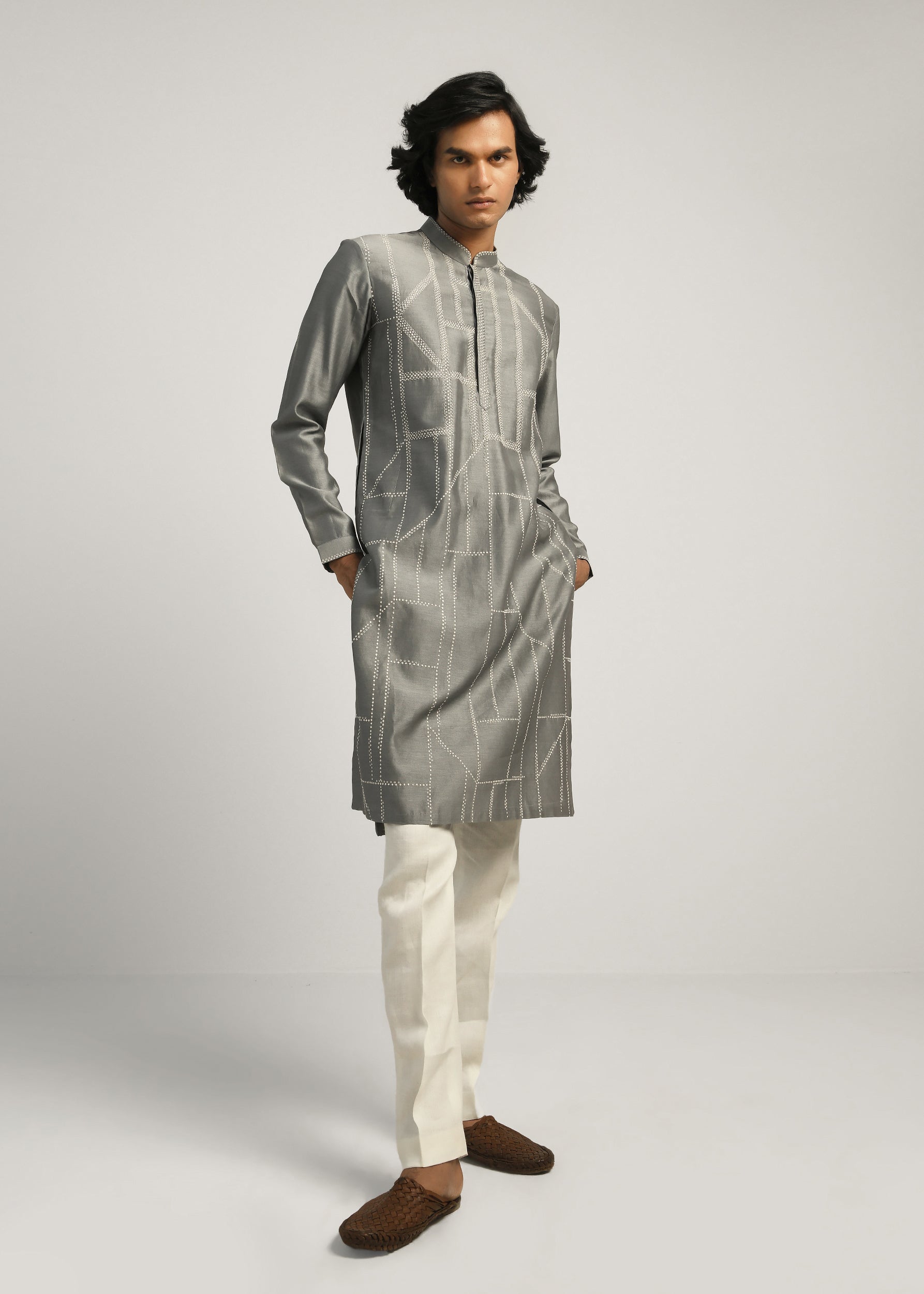COUNTRYMADE Kurtas Fuselage Hand Emb Kurta Set kurta gris fumée Chanderi