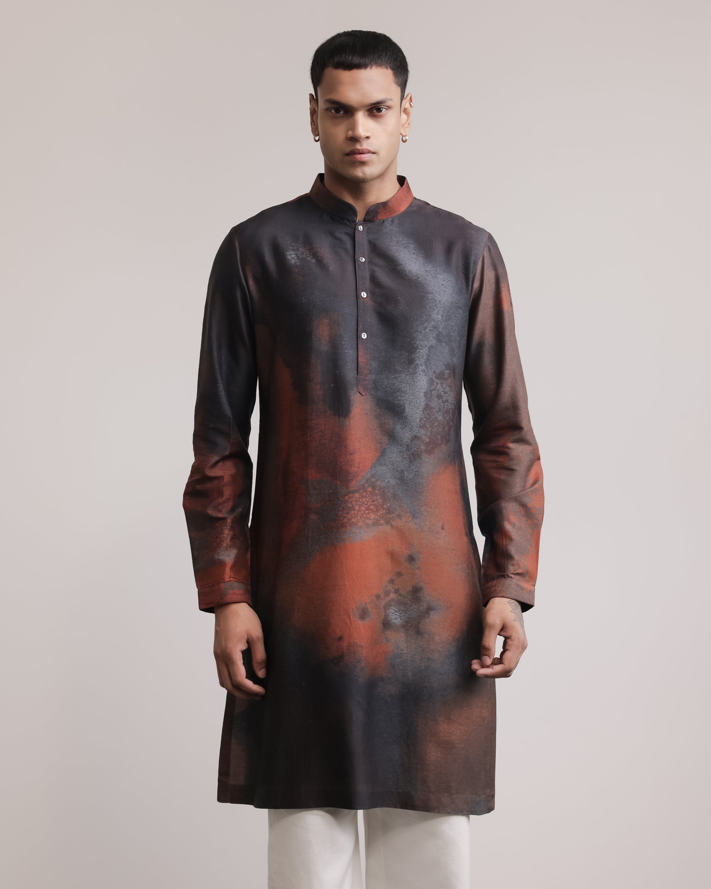 COUNTRYMADE Kurtas Rust-Concrete Print Silk Kurta kurta en soie imprimé
