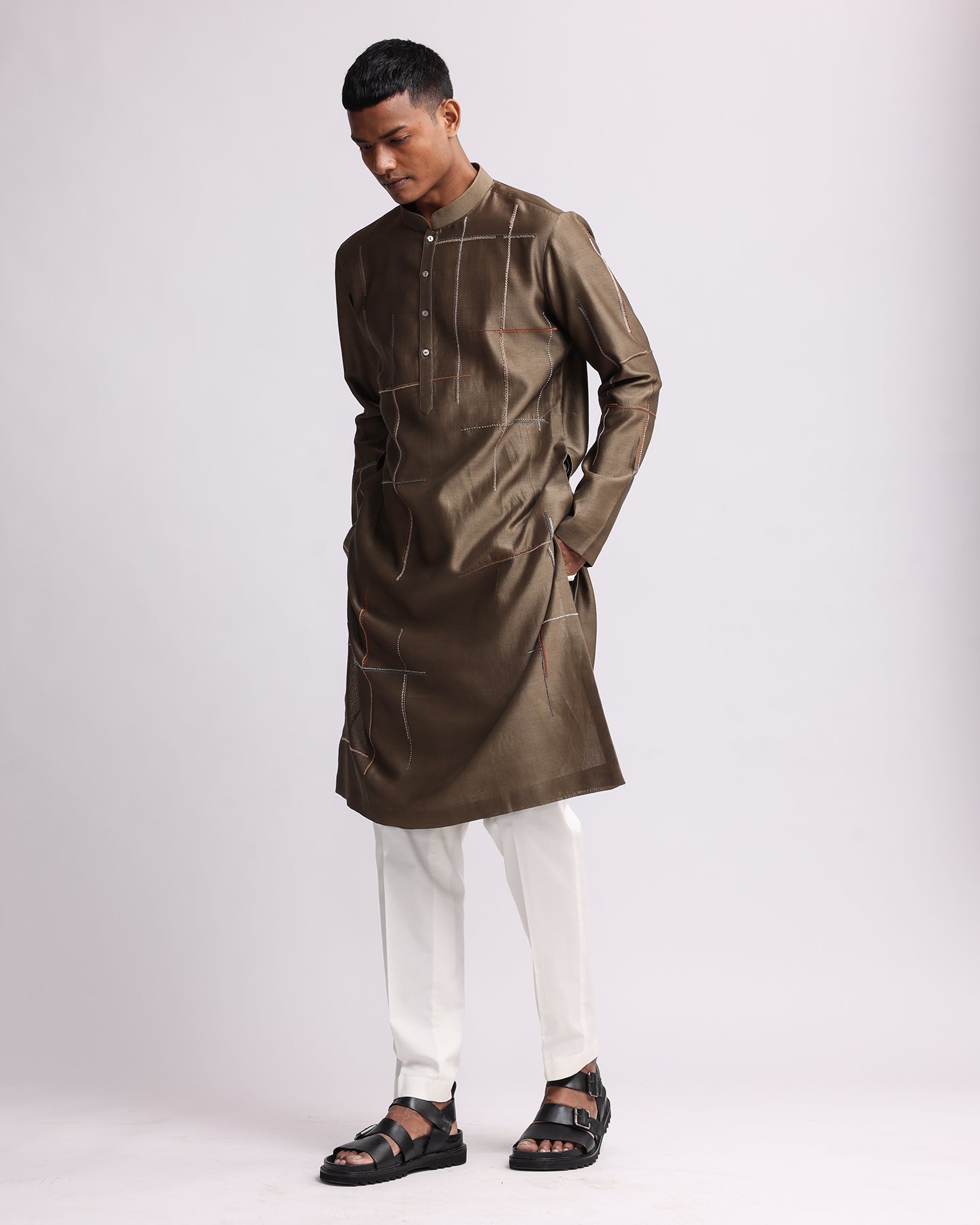COUNTRYMADE Kurtas Placement Checks Hand Embroidered Olive Kurta Set ensemble kurta brodé