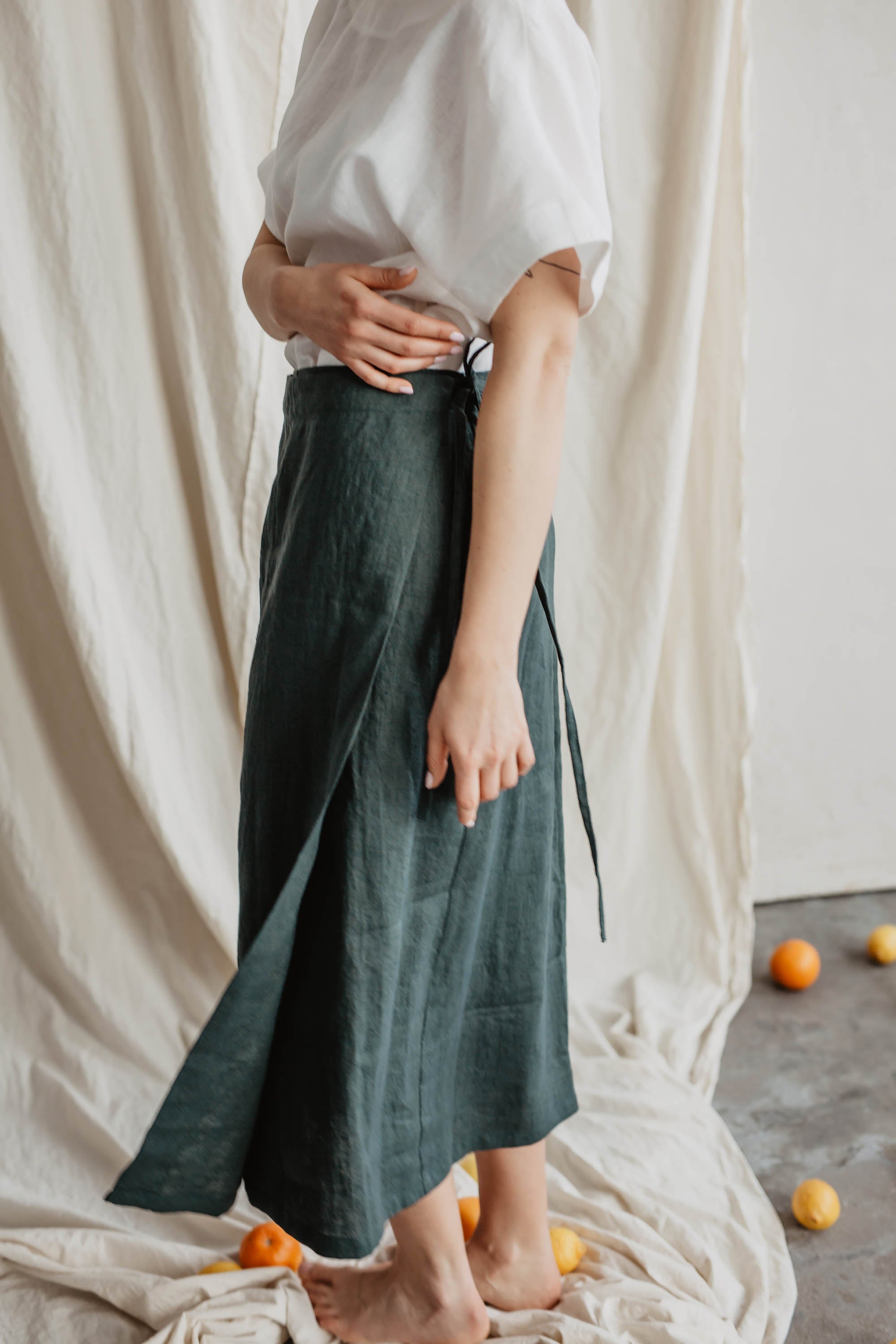 Laumė linen Linen Bottoms Women's linen skirt Vaiva, Oatmeal, jupe portefeuille en lin
