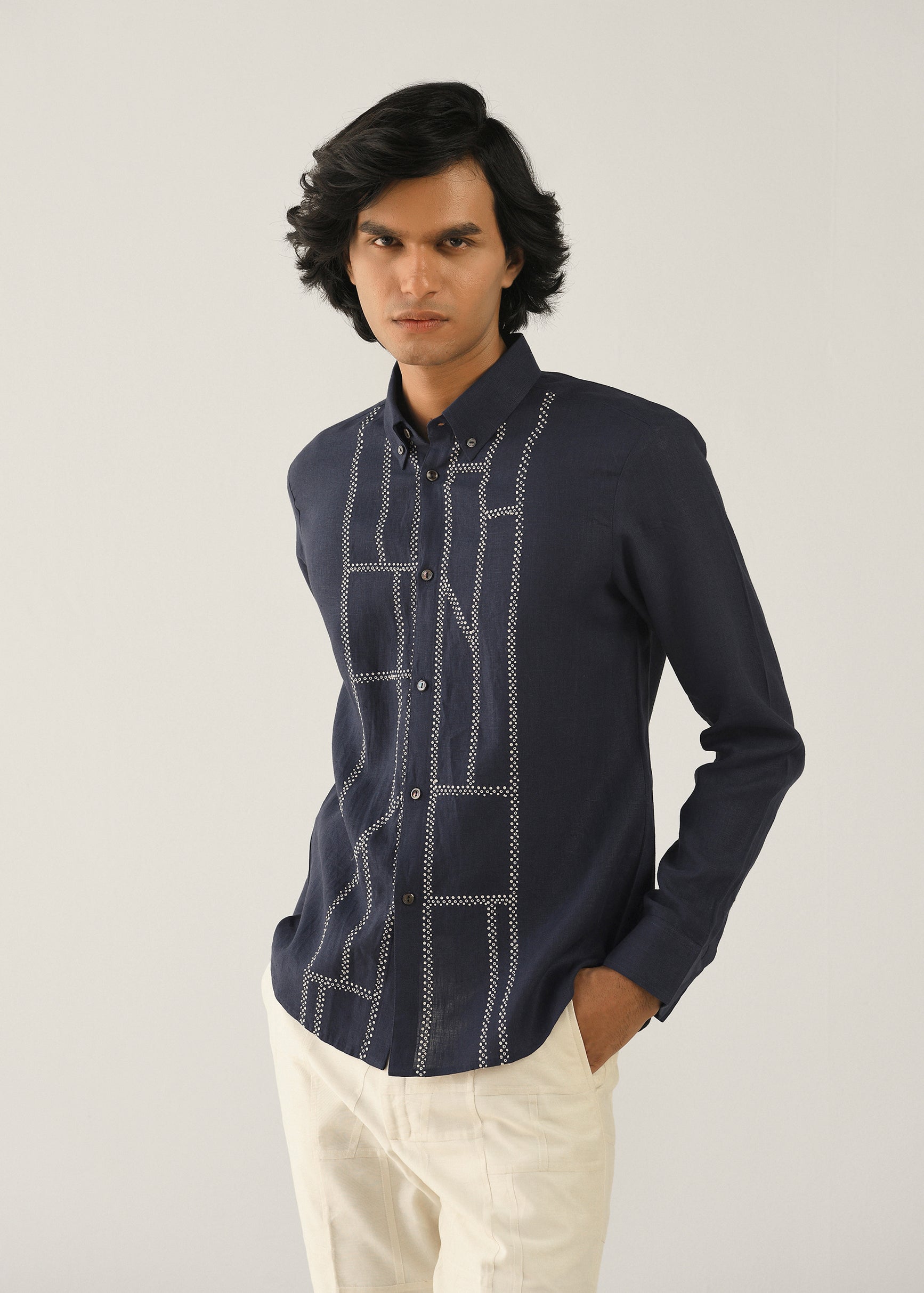 COUNTRYMADE Shirts Fuselage Yoke Shirt chemise en lin bleu marine brodée