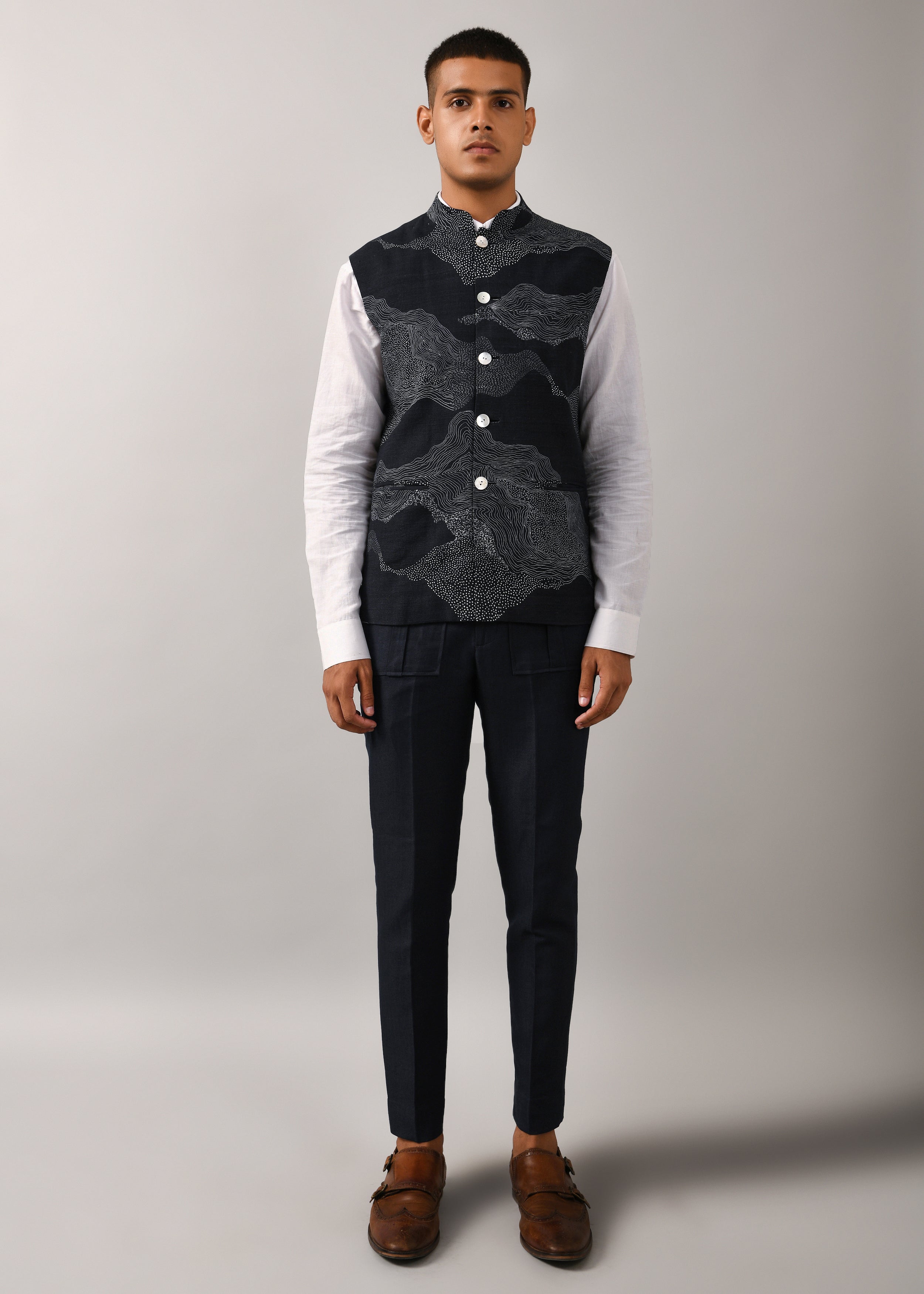 COUNTRYMADE Nehru Jackets Cloud Print Bundi veste bleu marine