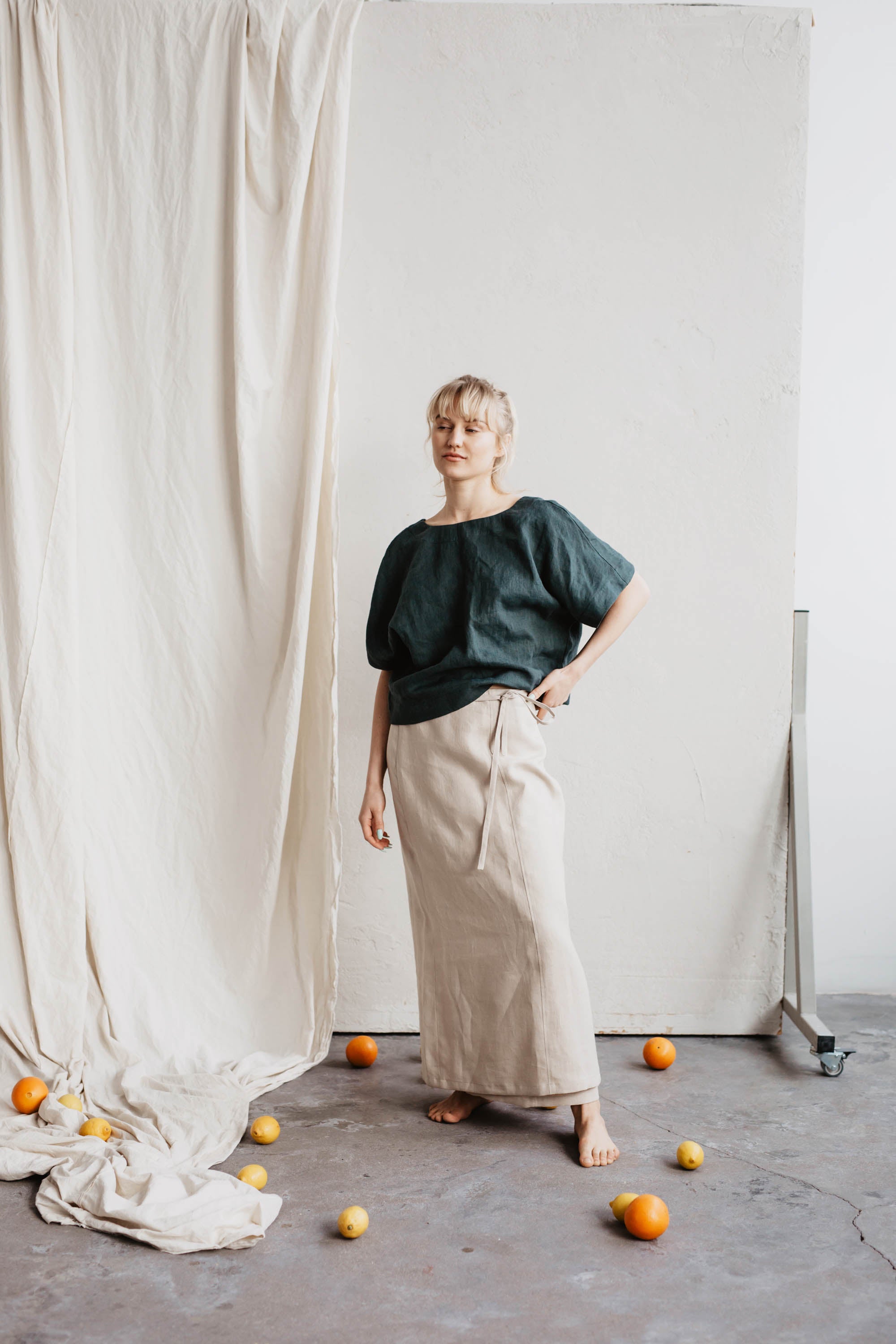 Laumė linen Linen Bottoms Women's linen skirt Vaiva, Oatmeal, jupe portefeuille en lin