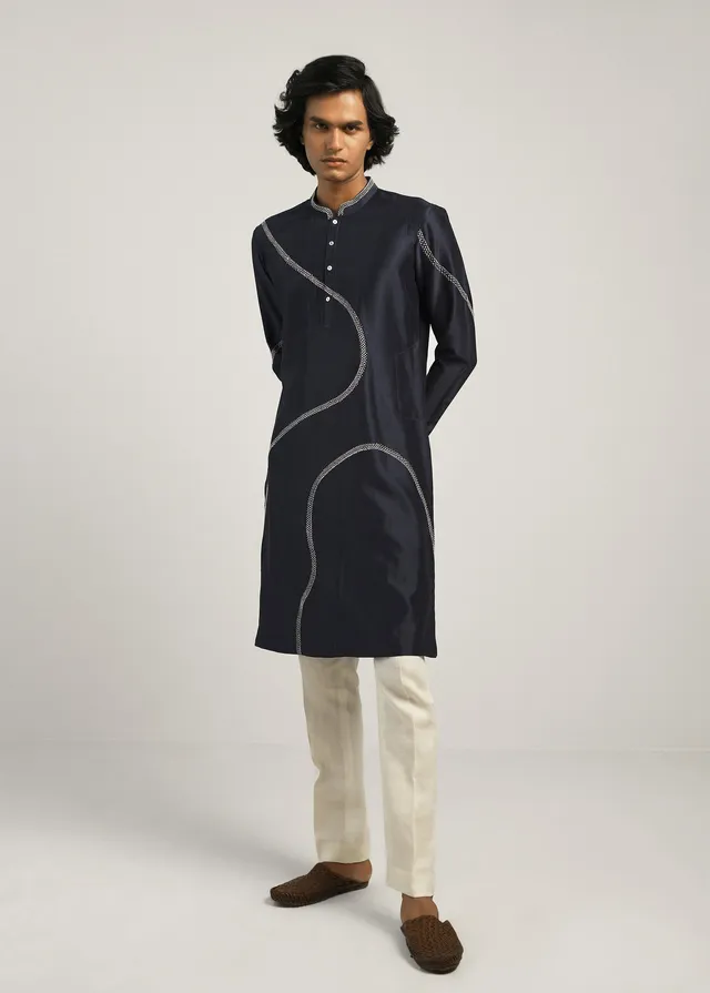 COUNTRYMADE Kurtas Coil Hand Embroidery Kurta Set ensemble kurta bleu marine brodé