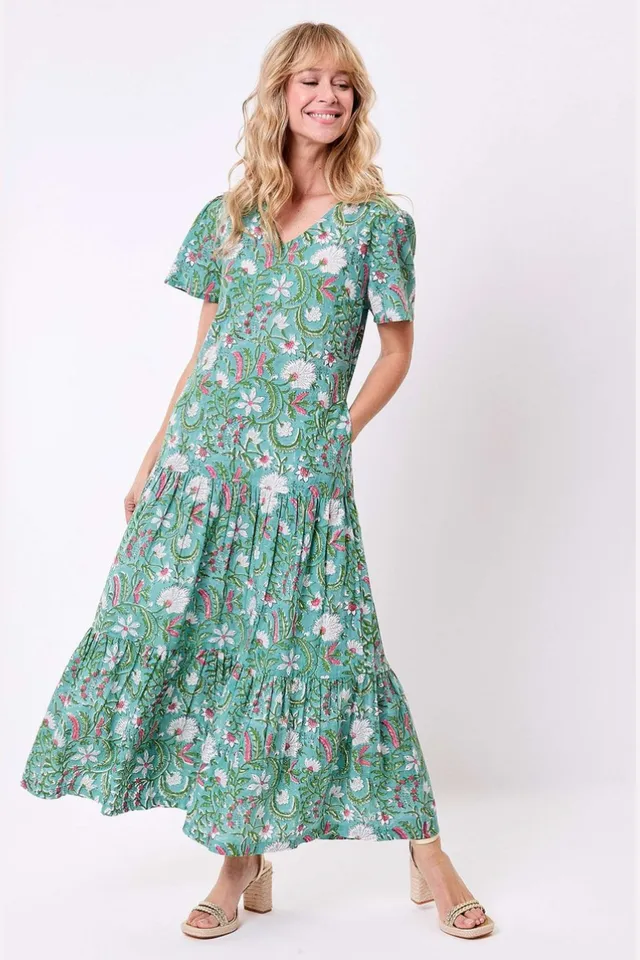 Sourire Multicolore Robes Regua robe longue bleu vert à volants en coton