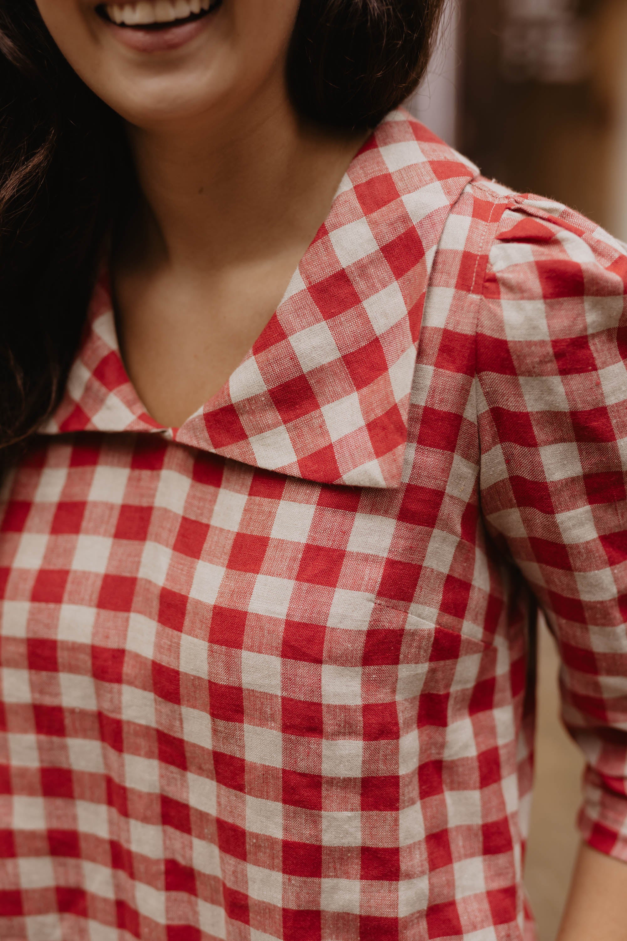 Laumė linen Linen Dresses Bonnie robe en lin à carreaux rouges