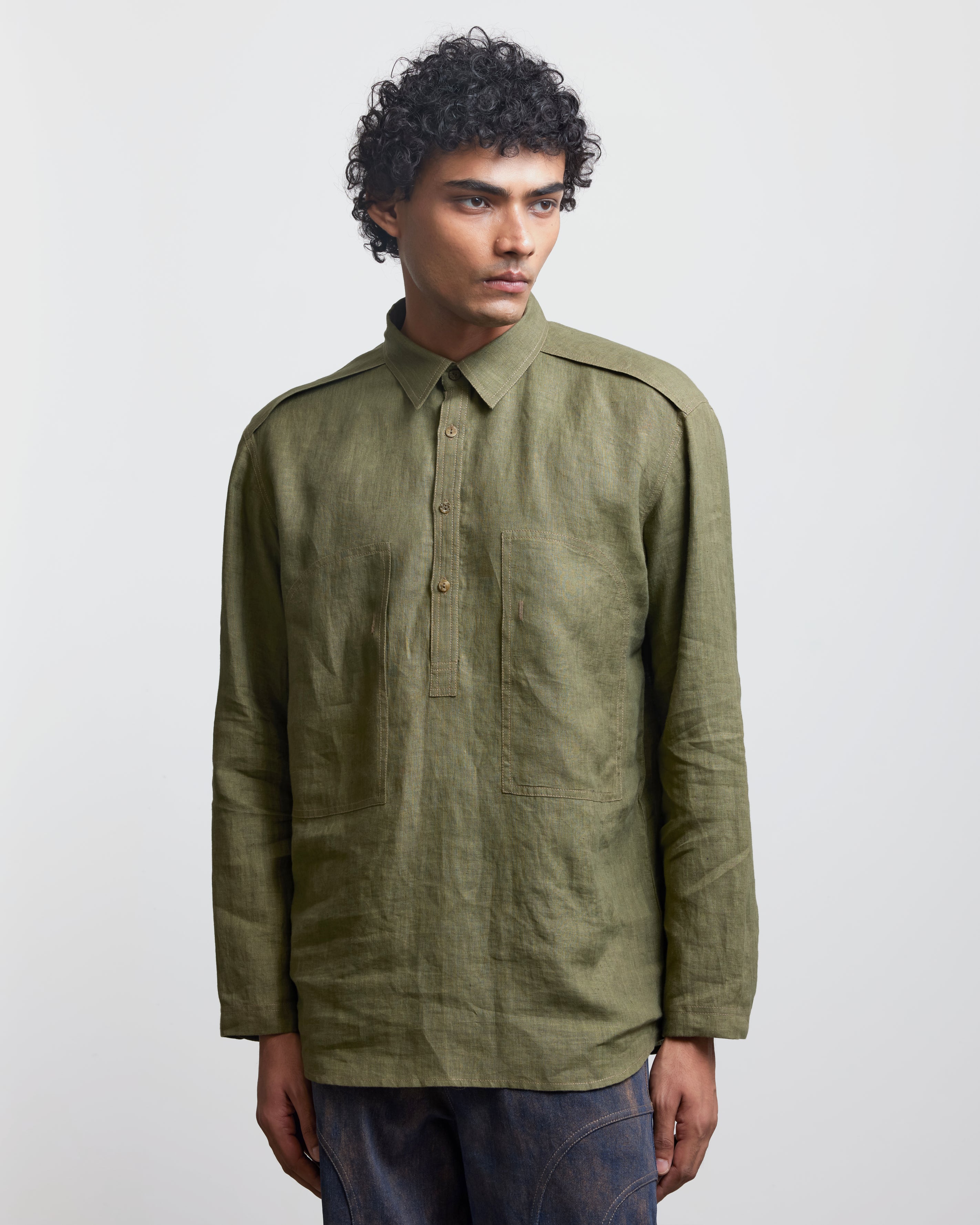 COUNTRYMADE Shirts Faux Button Olive Half-Placket Shirt en lin olive