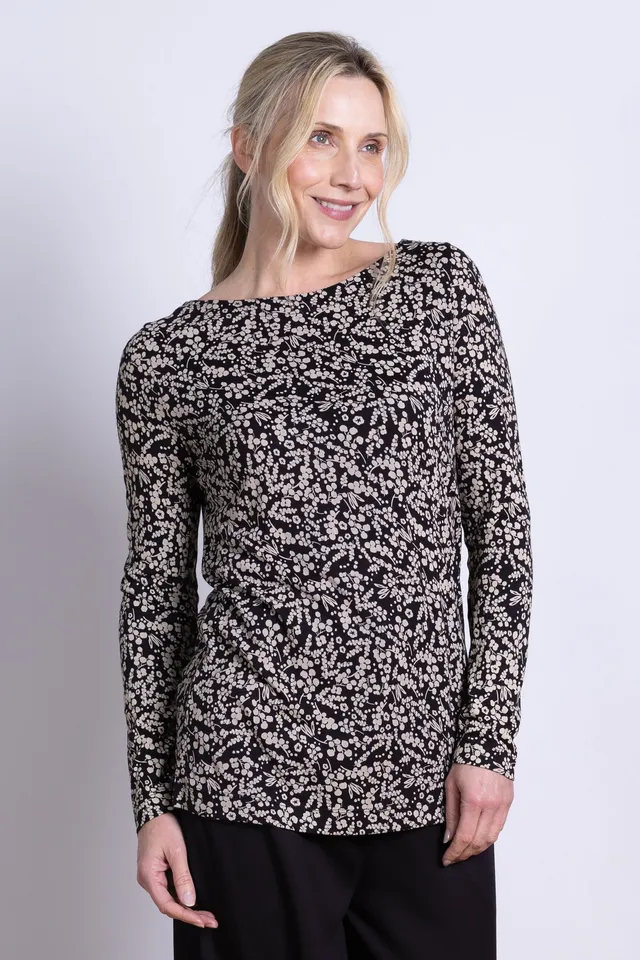 Sourire Multicolore Tops Top col bateau noir imprimé floral EcoVero taille 36–44