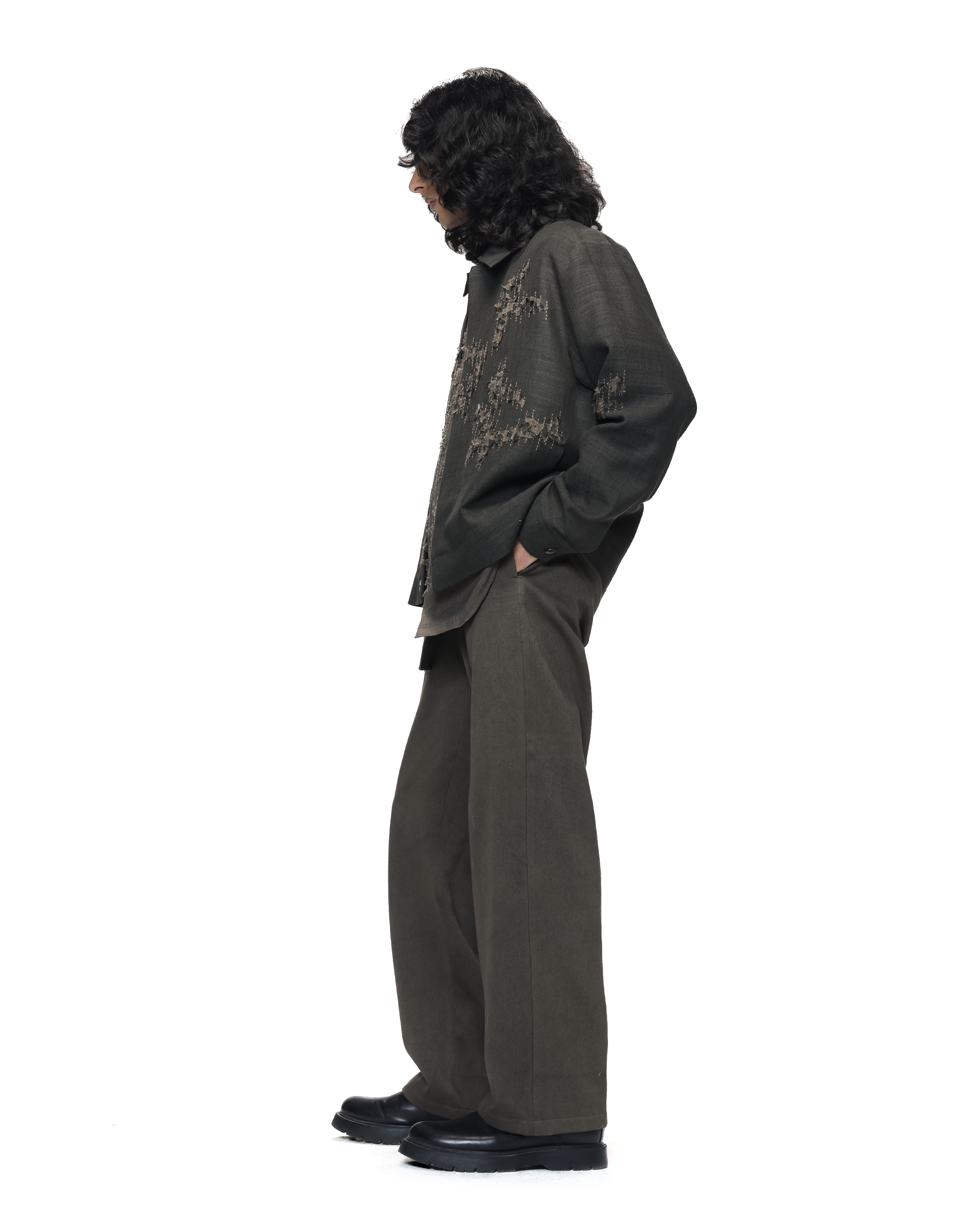 COUNTRYMADE Jackets Shredded Woodland Trucker Jacket veste en soie Matka brodée