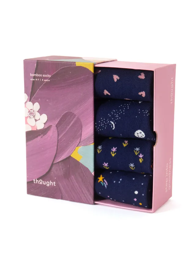 Sourire Multicolore Chaussettes femme coffret 4 paires motifs étoiles cœurs fleurs bambou