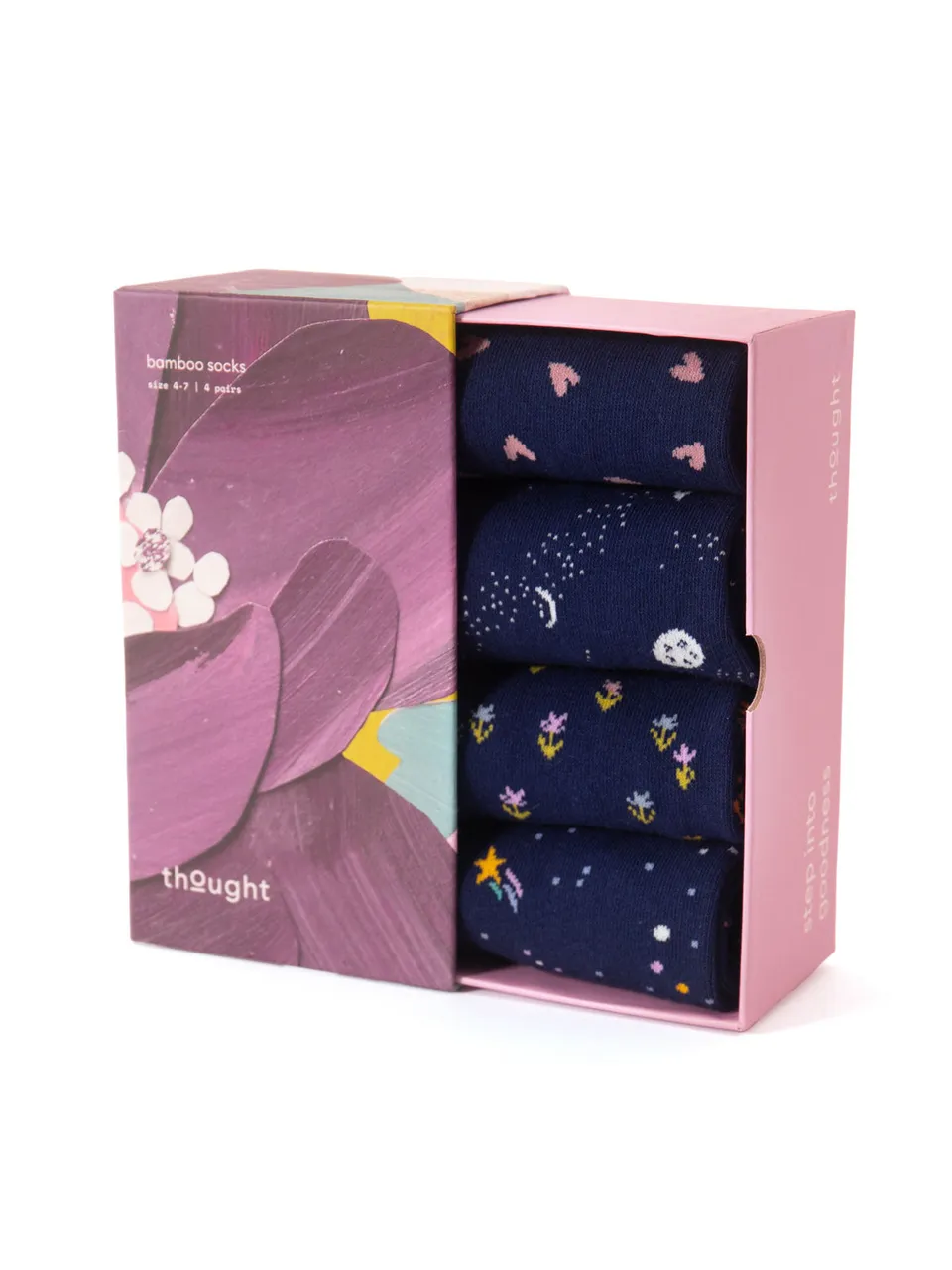 Sourire Multicolore Chaussettes femme coffret 4 paires motifs étoiles cœurs fleurs bambou