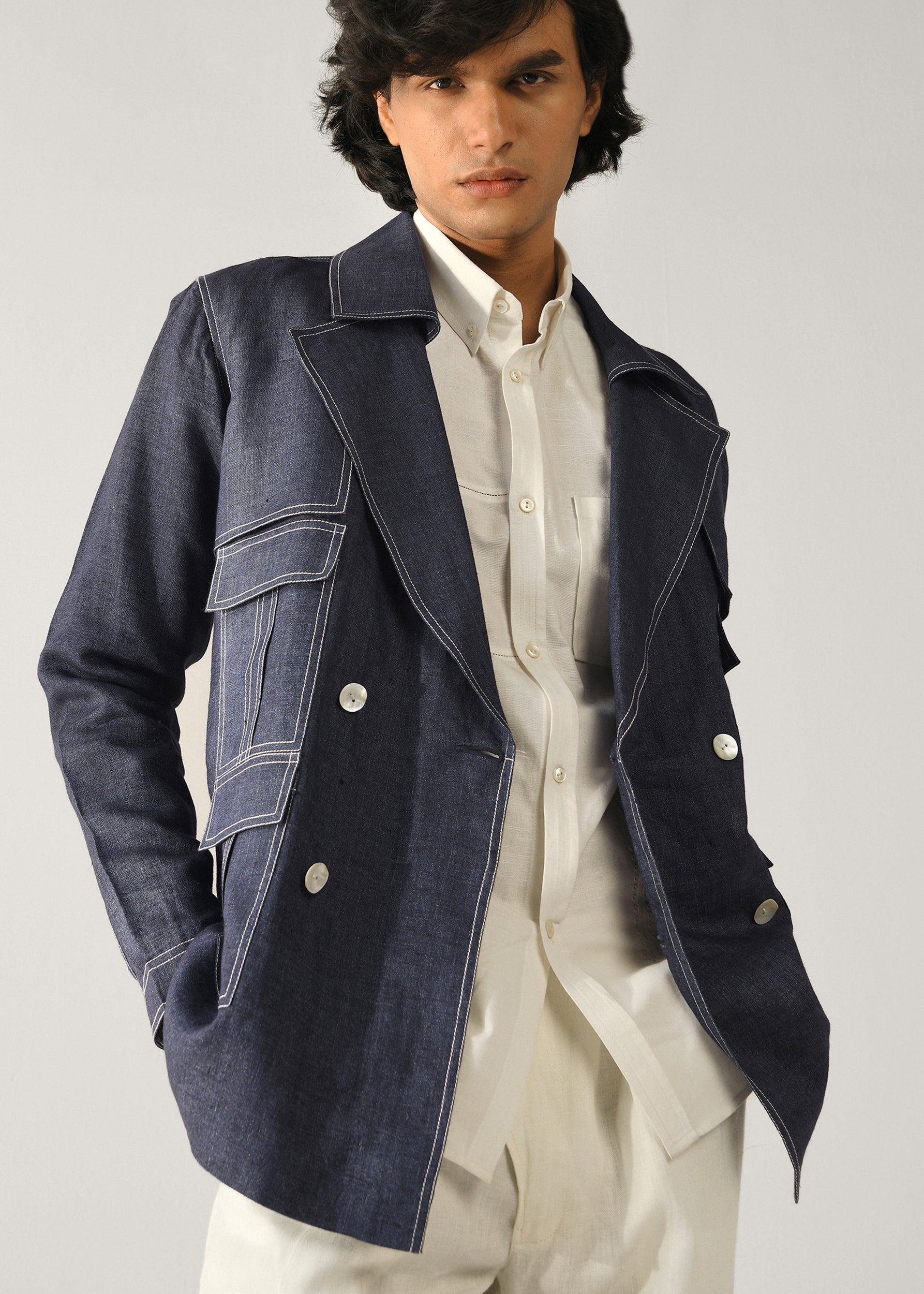 COUNTRYMADE Jackets Cropped Trench Jacket veste courte marine en lin