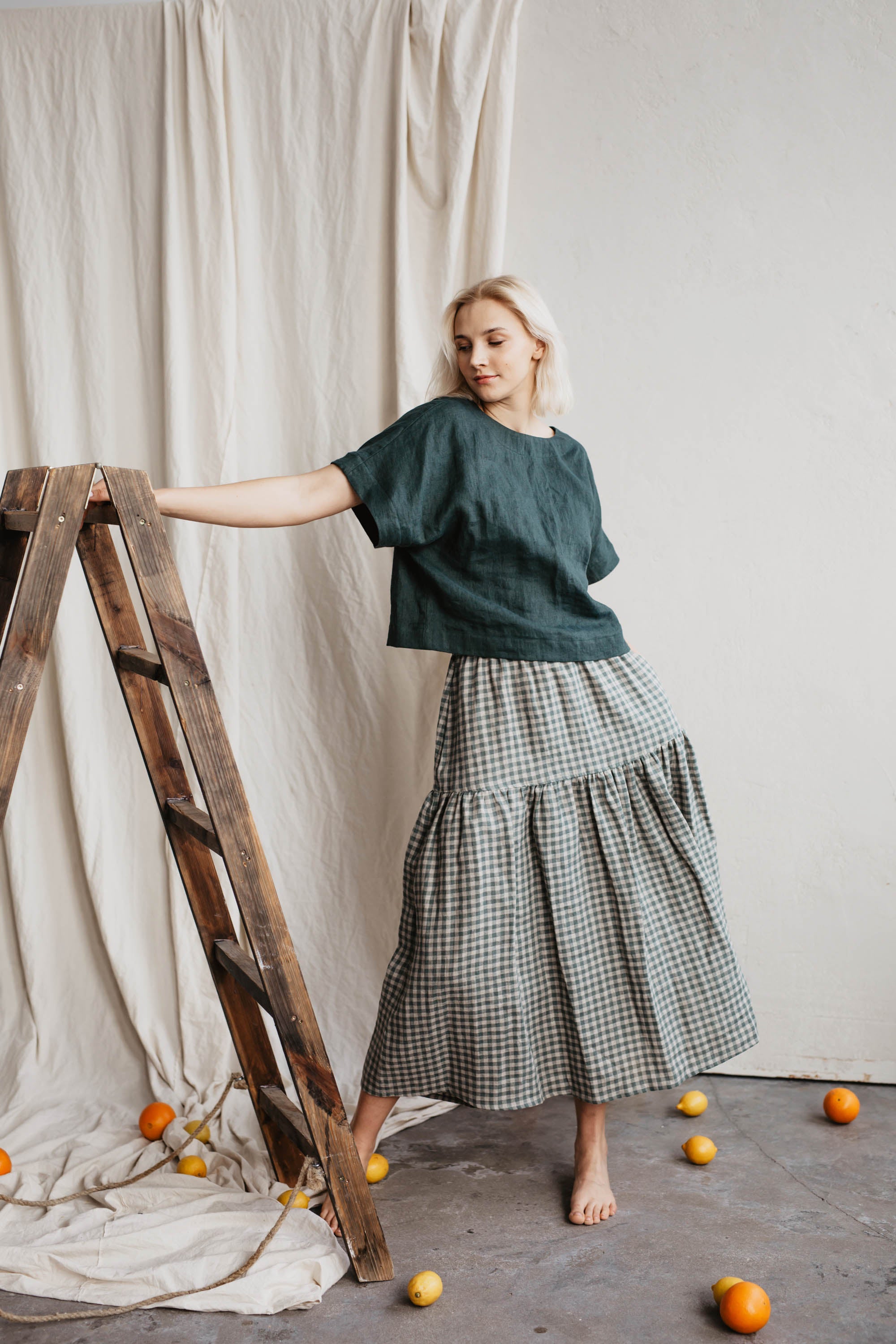 Laumė linen Linen Bottoms Vakarė jupe vert à carreaux en lin