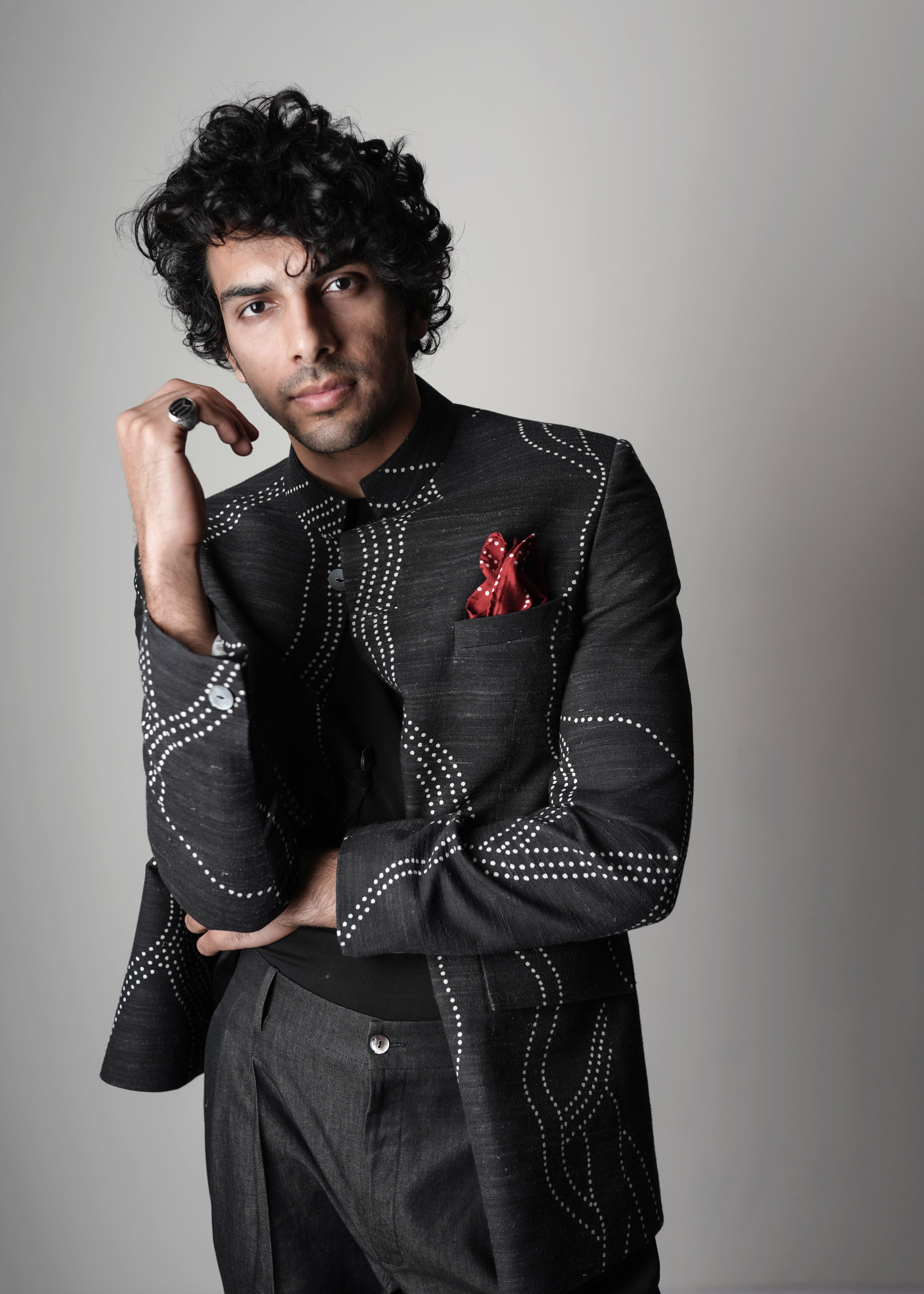 COUNTRYMADE Nehru Jackets Constellation Handloom Bandhgala Jacket veste noire imprimée