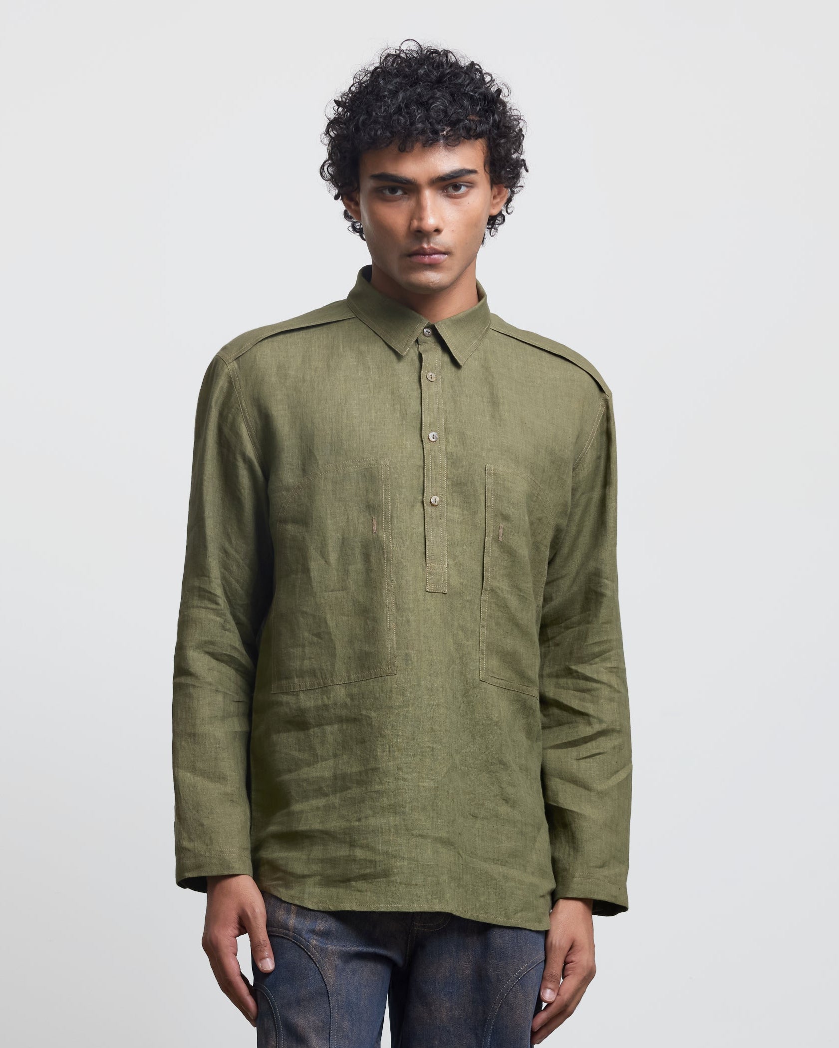 COUNTRYMADE Shirts Faux Button Olive Half-Placket Shirt en lin olive