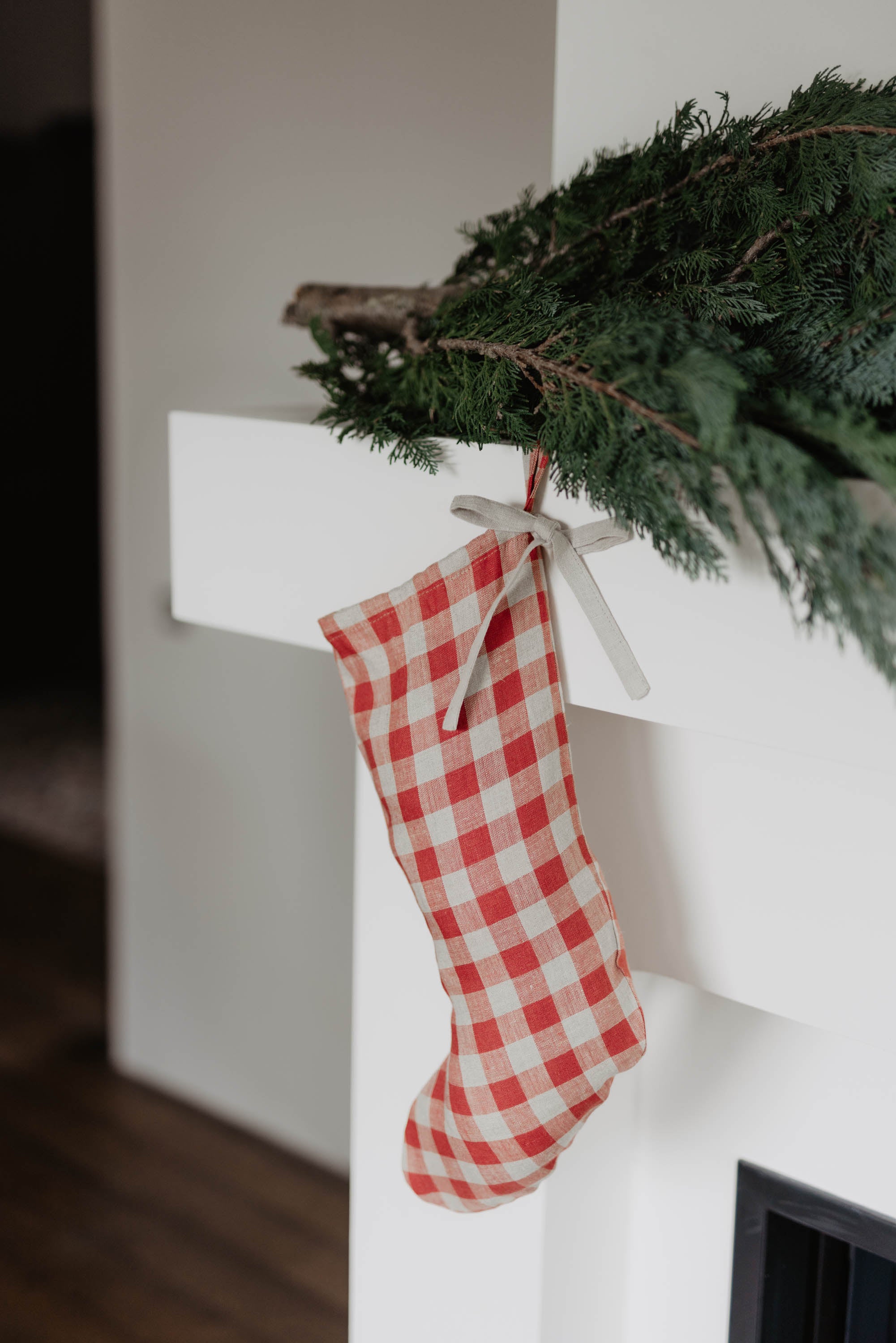 Laumė linen Christmas Linen Christmas Stocking chaussette de Noël à cordon carreaux verts