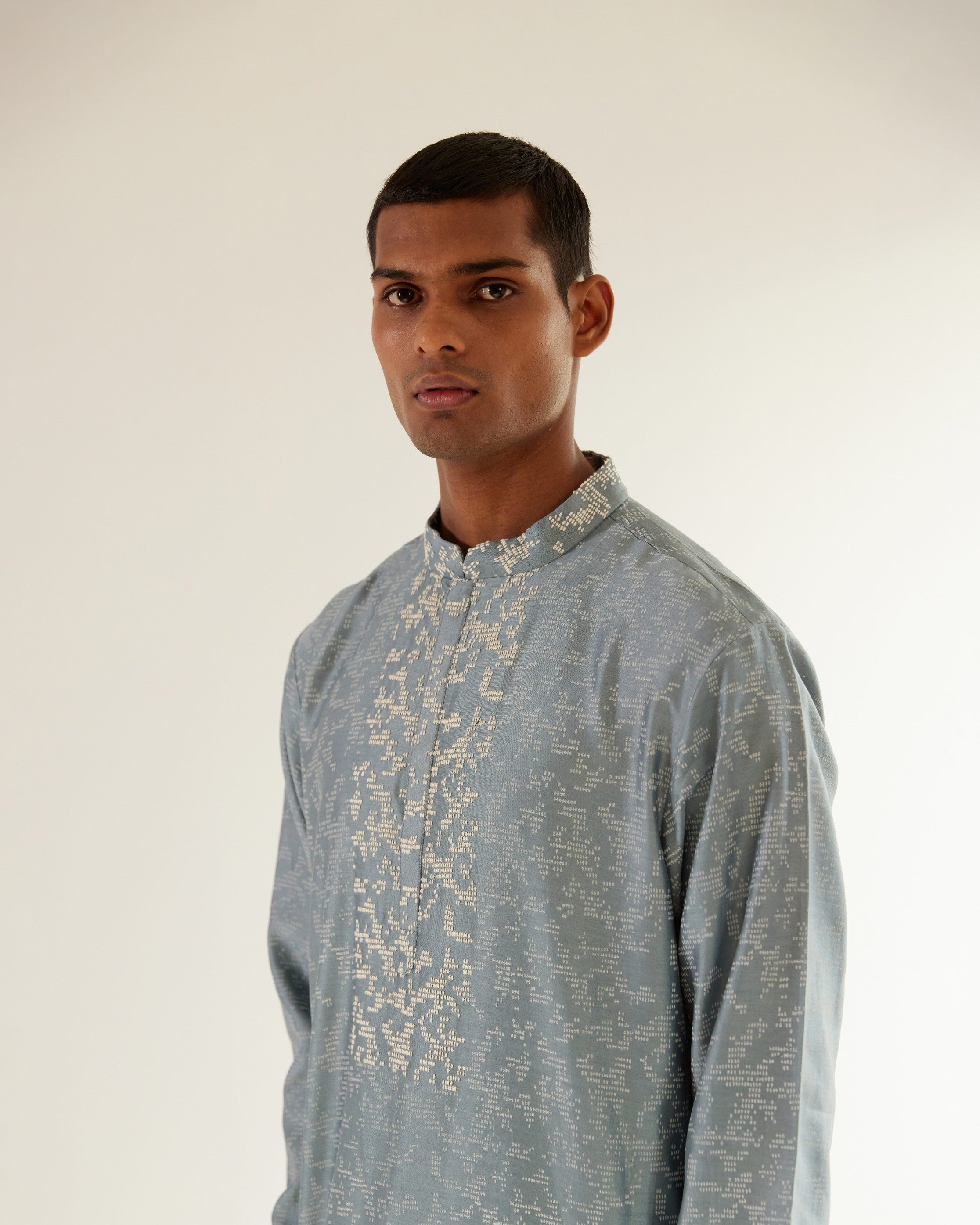 COUNTRYMADE Kurtas Camo-Block Print Kurta Set With Embroidered Yoke ensemble bleu poudre