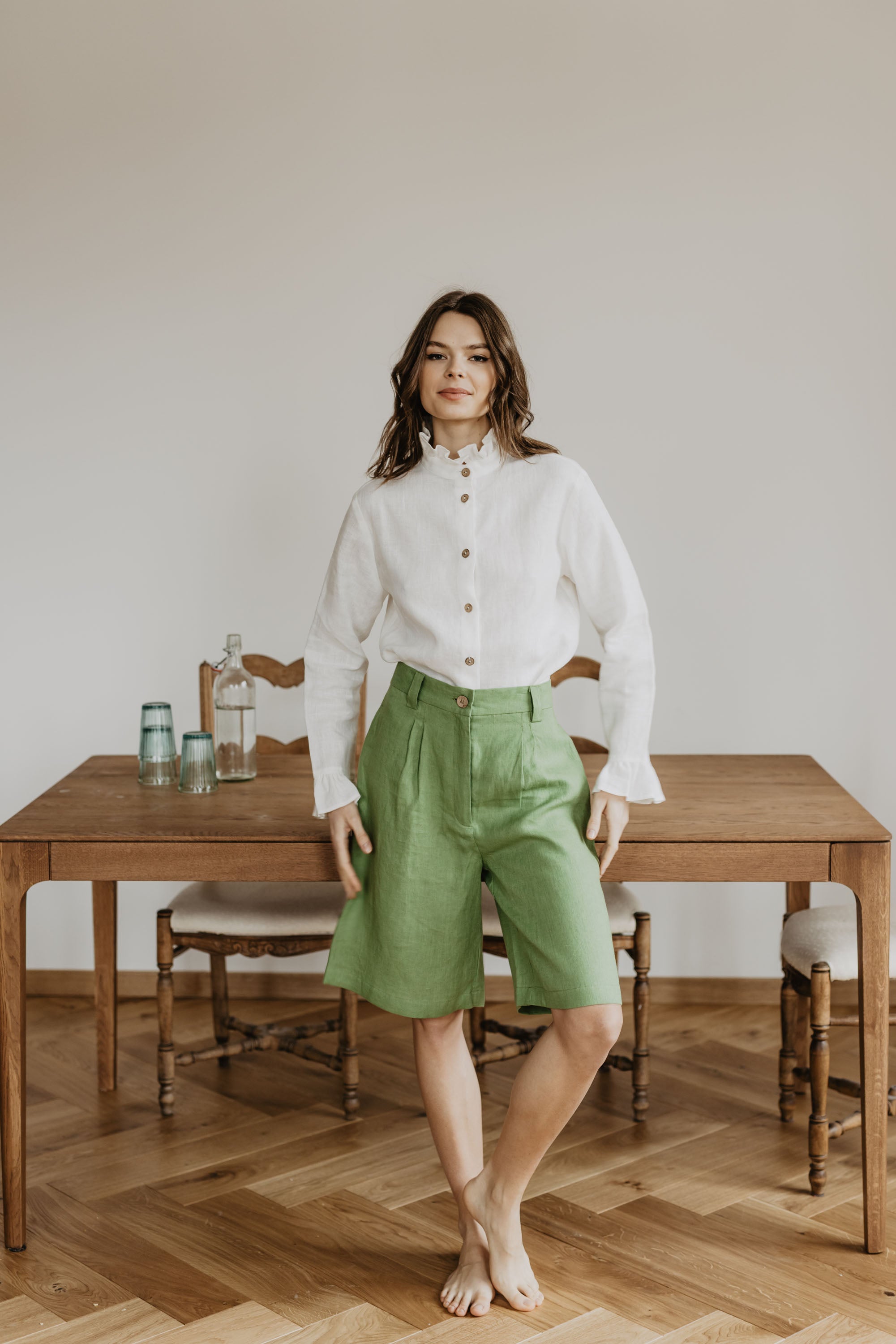 Laumė linen Linen Bottoms Palanga short en lin à rayures beiges