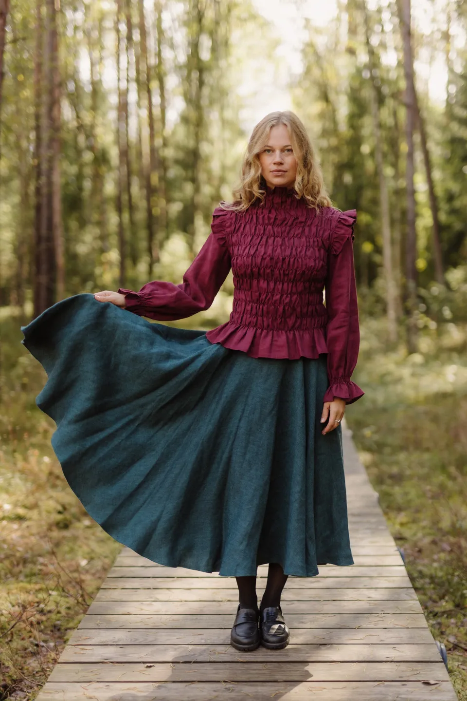 Laumė linen Linen Bottoms Saulė jupe cercle en lin vert forêt