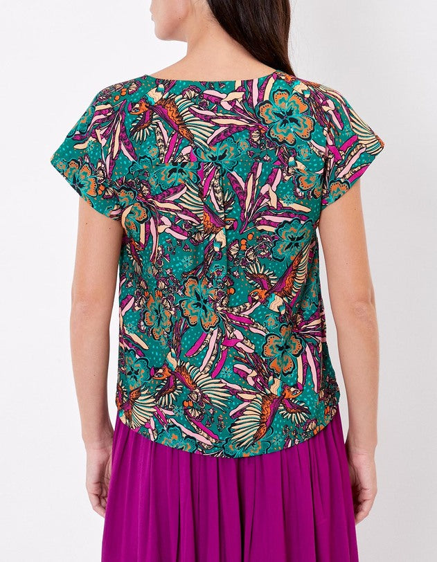 Sourire Multicolore Tops blouse Valeria imprimé vert et fuchsia en Ecovero