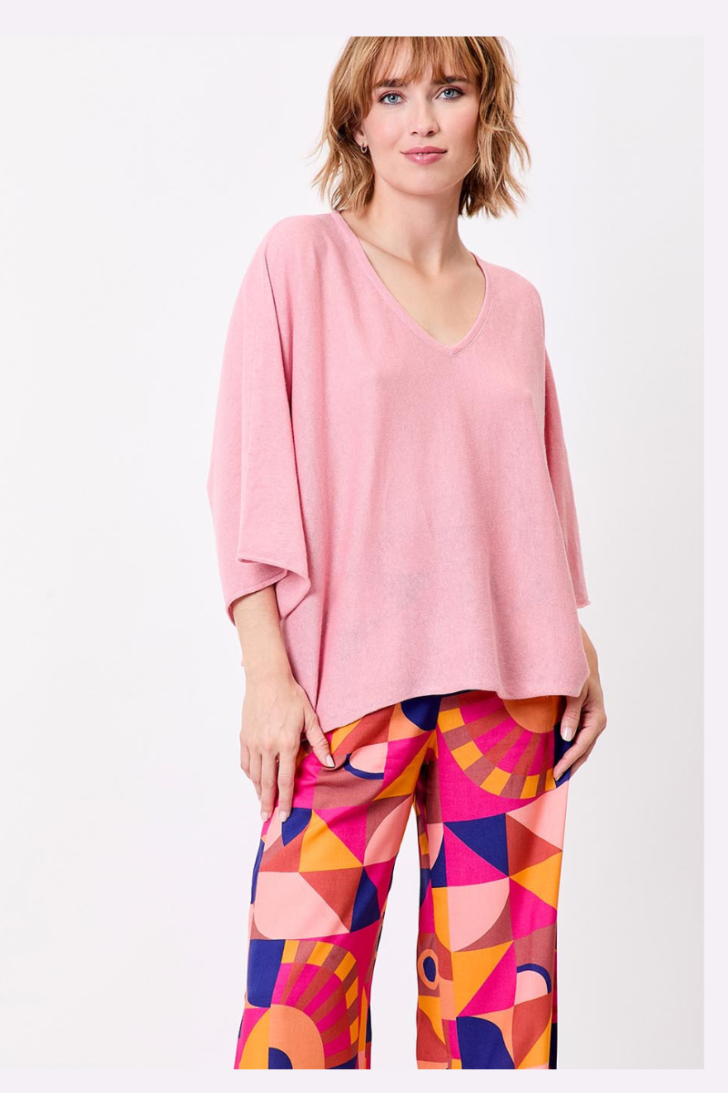 Sourire Multicolore Pulls Pull Amil rose poudré maille de coton et ramie oversize