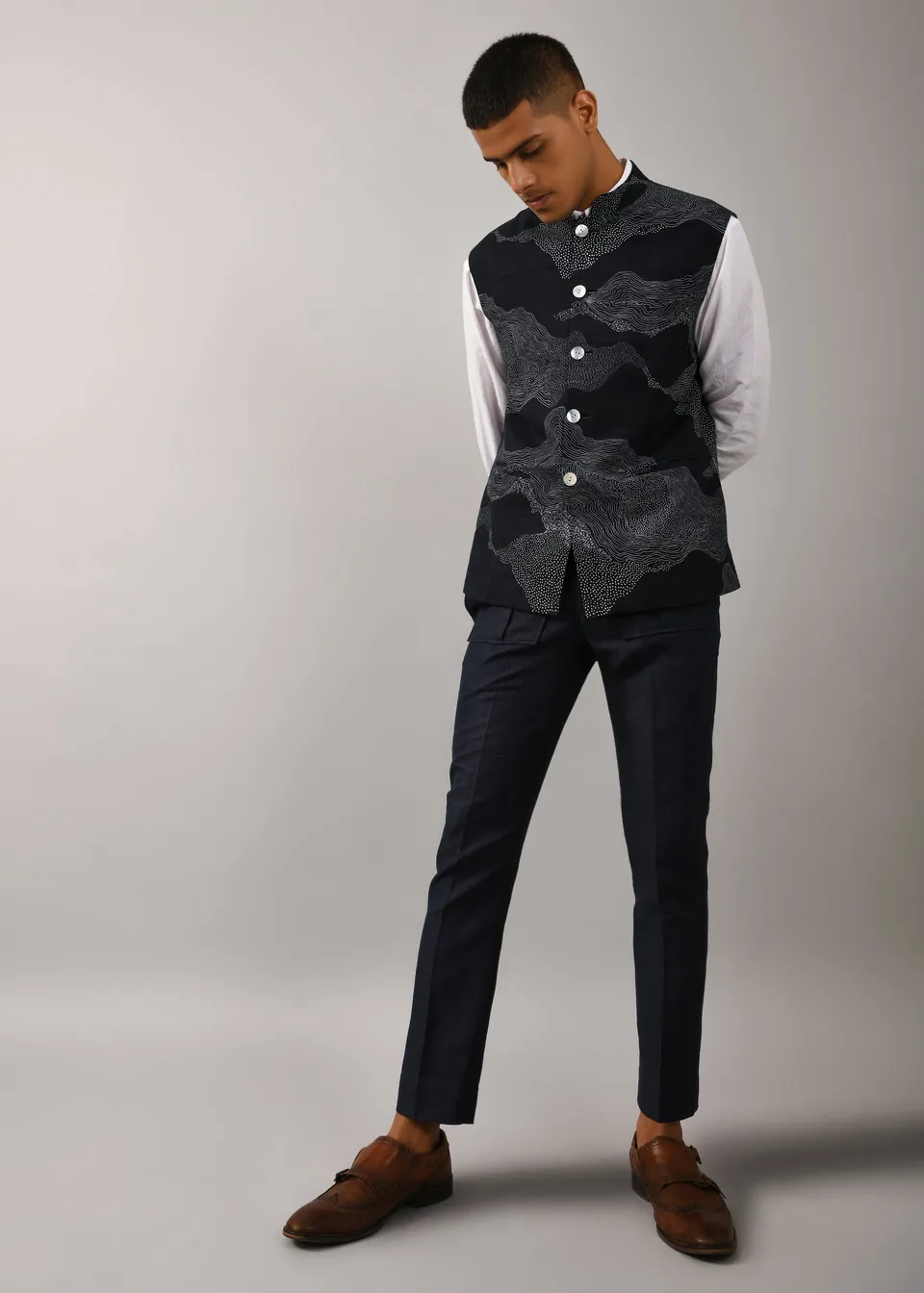 COUNTRYMADE Nehru Jackets Cloud Print Bundi veste bleu marine