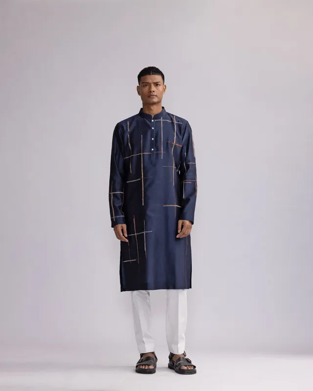 COUNTRYMADE Kurtas Placement Checks Hand Embroidered Olive Kurta Set kurta brodé
