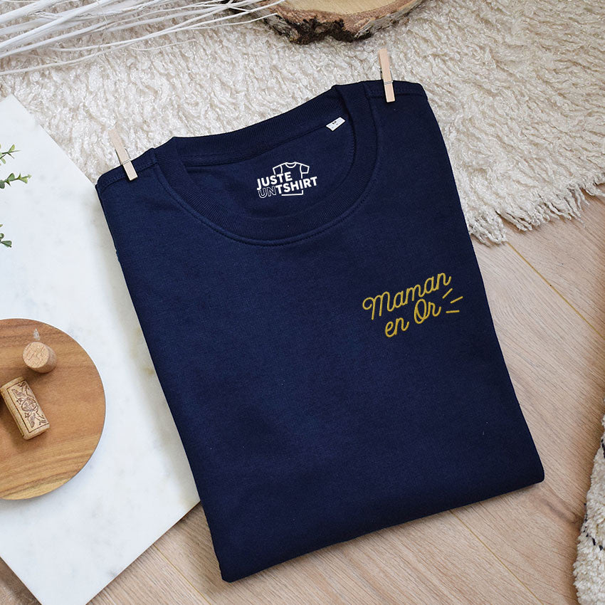 Juste Un T-shirt Sweats Brodés Maman en Or sweat brodé bleu marine