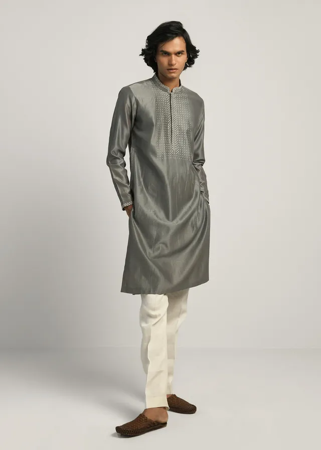 COUNTRYMADE Kurtas Dots Yoke Kurta Set gris fumé en Chanderi