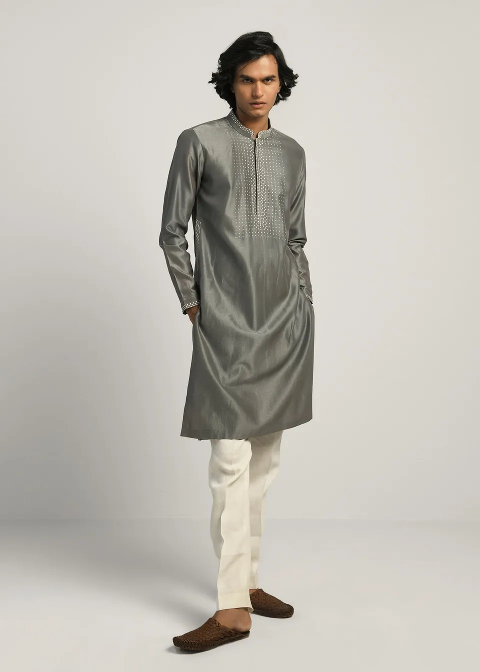 COUNTRYMADE Kurtas Dots Yoke Kurta Set gris fumé en Chanderi