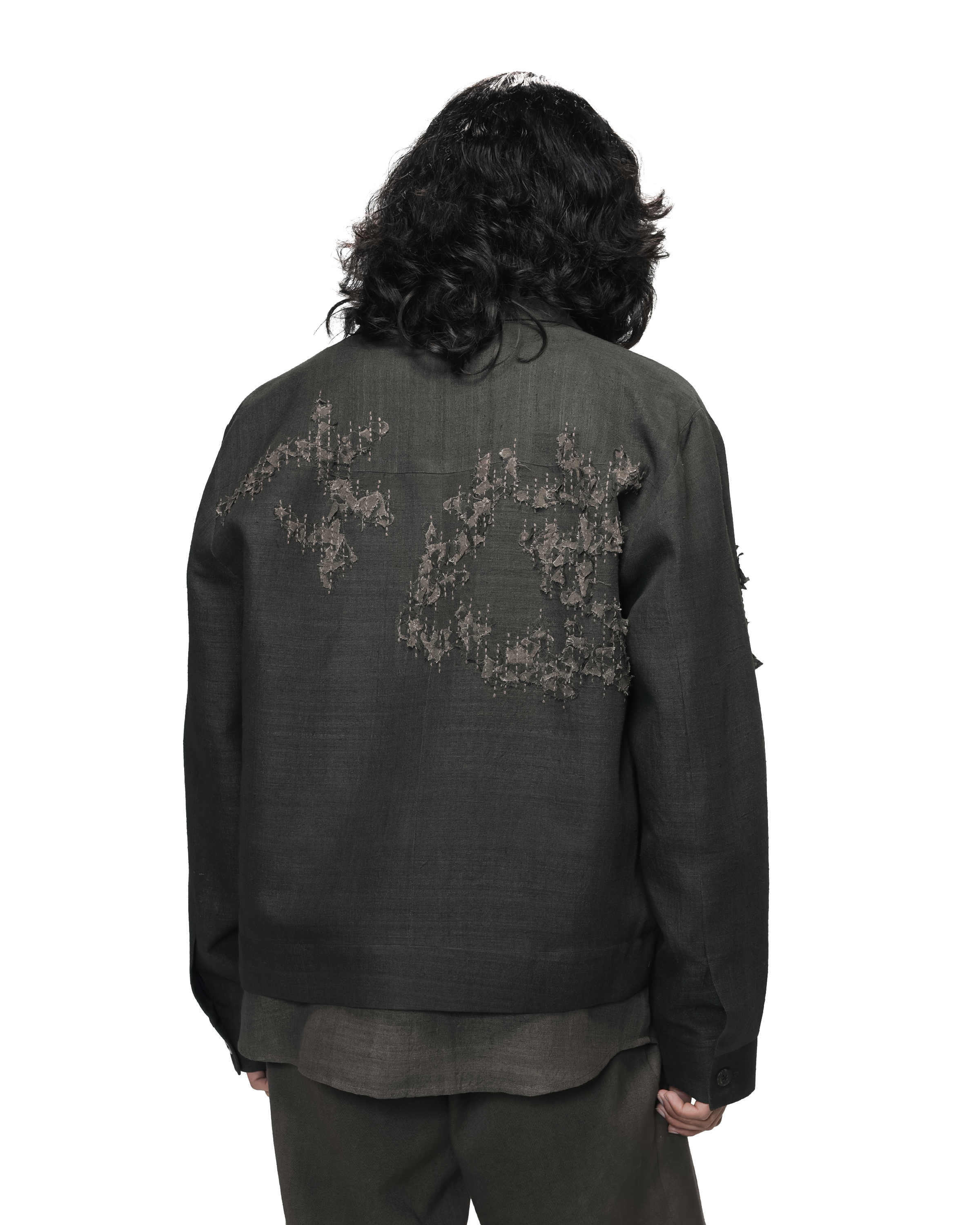 COUNTRYMADE Jackets Shredded Woodland Trucker Jacket veste en soie Matka brodée