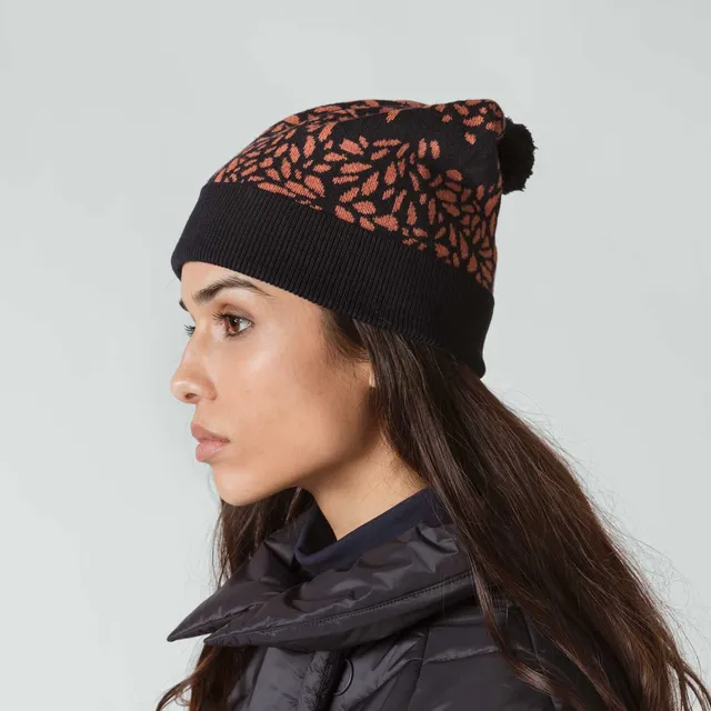 Sourire Multicolore Bonnets Bonnet Onati feuilles oranges, coton bio, fond bleu marine