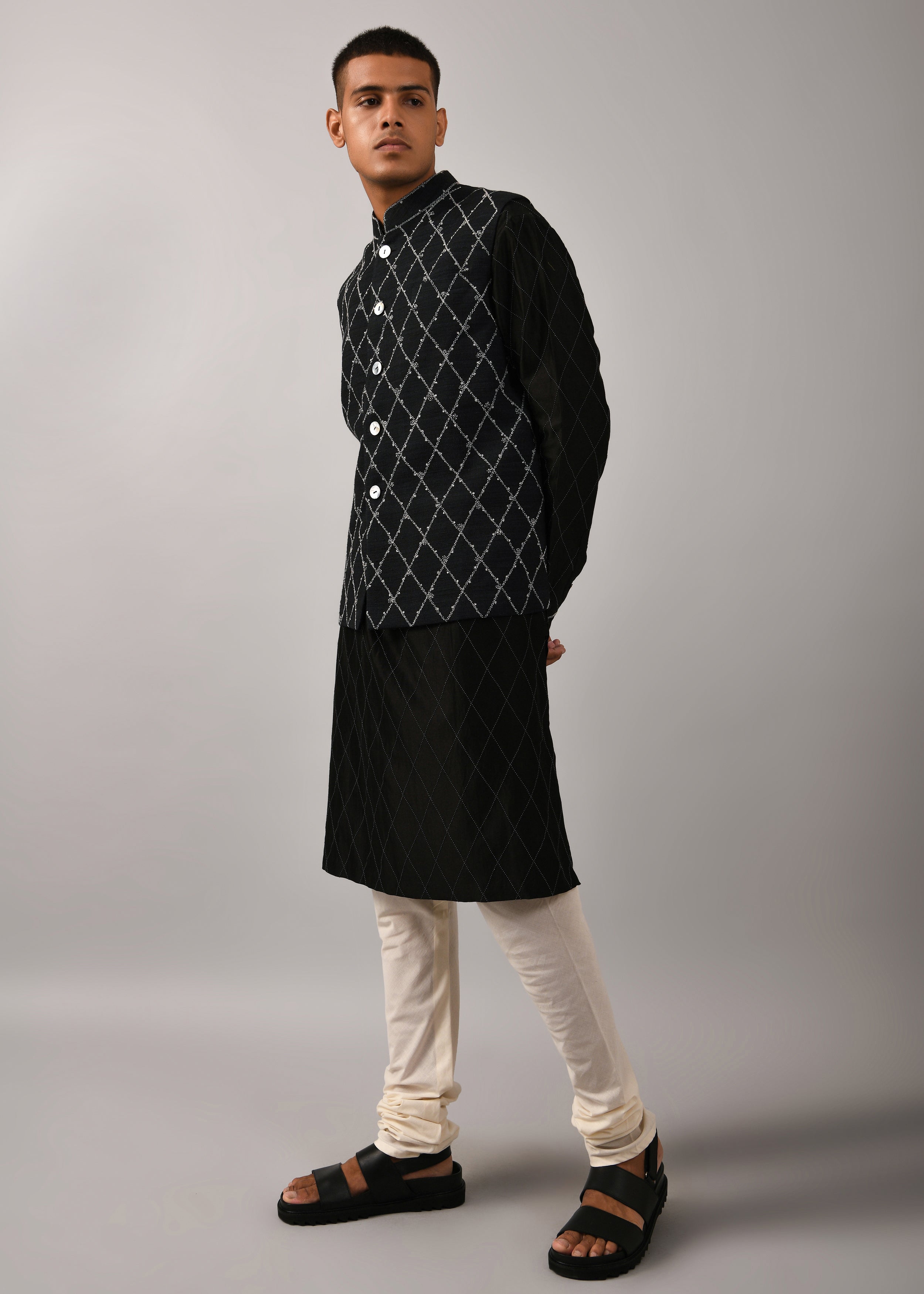 COUNTRYMADE Nehru Jackets Diamond Embroidered Bundi veste noire L