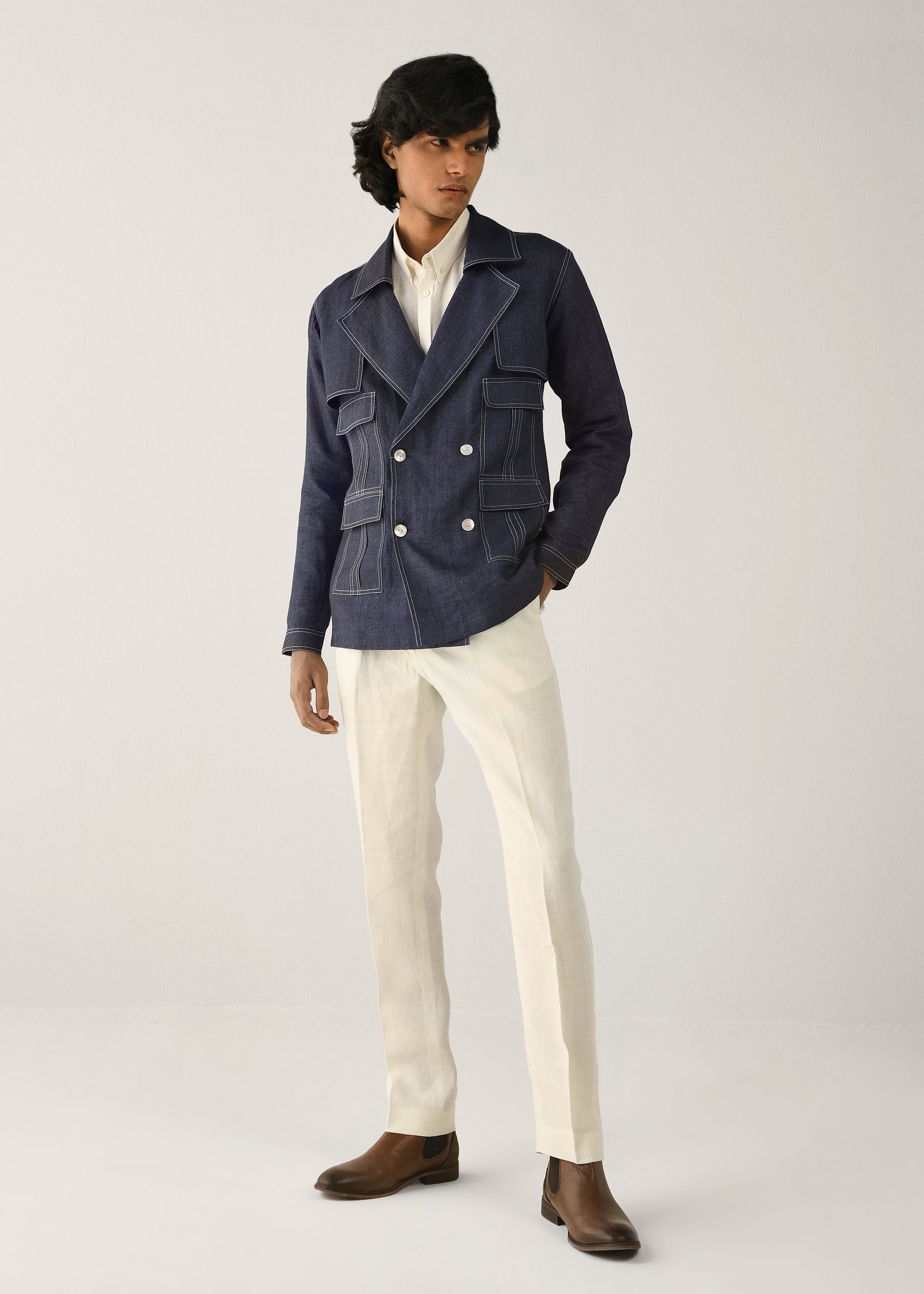 COUNTRYMADE Jackets Cropped Trench Jacket veste courte marine en lin