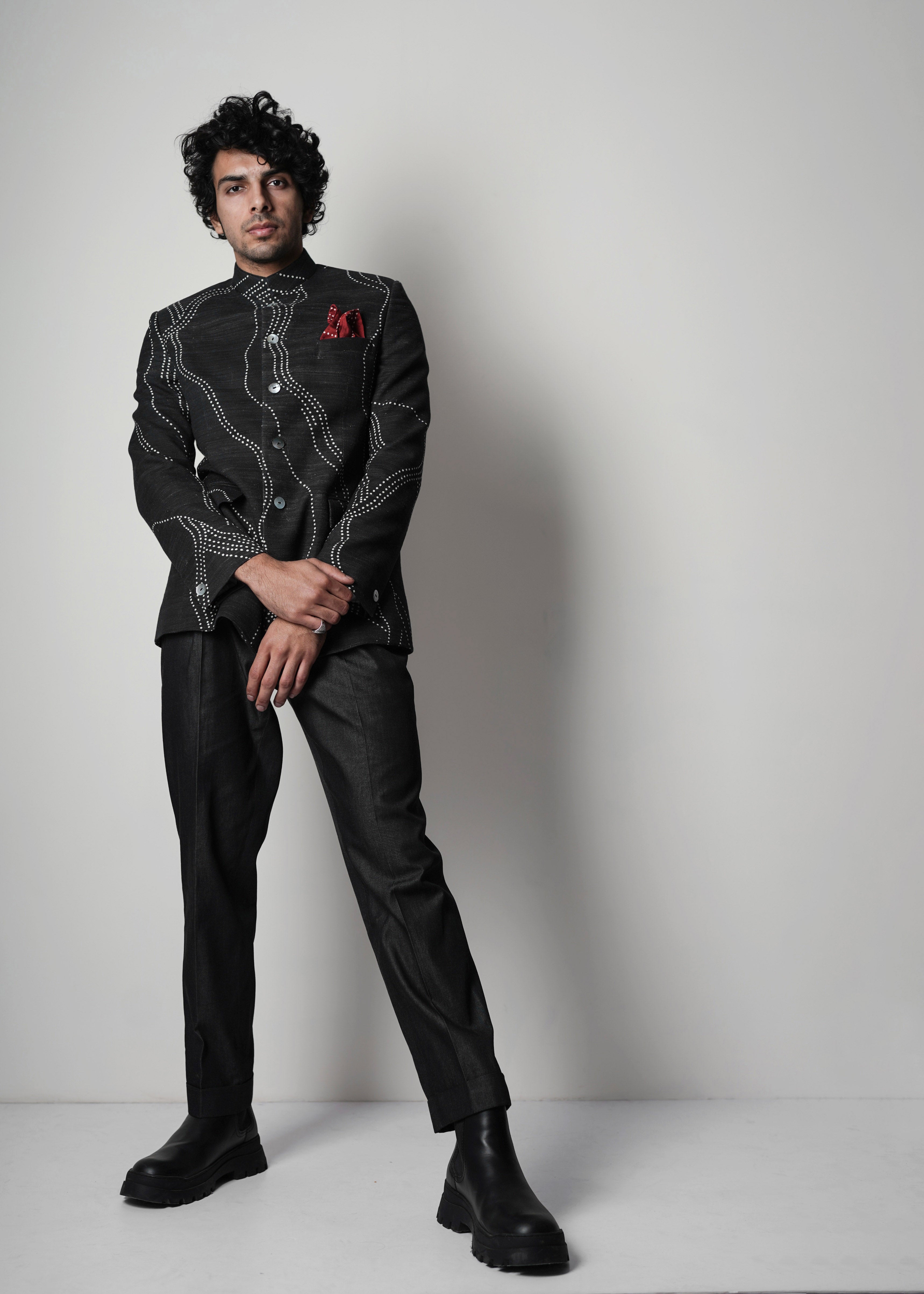 COUNTRYMADE Nehru Jackets Constellation Handloom Bandhgala Jacket veste noire imprimée