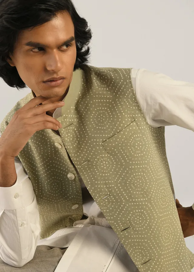 COUNTRYMADE Nehru Jackets Hexa Hand Emb Bundi bundi XS sauge lin coton