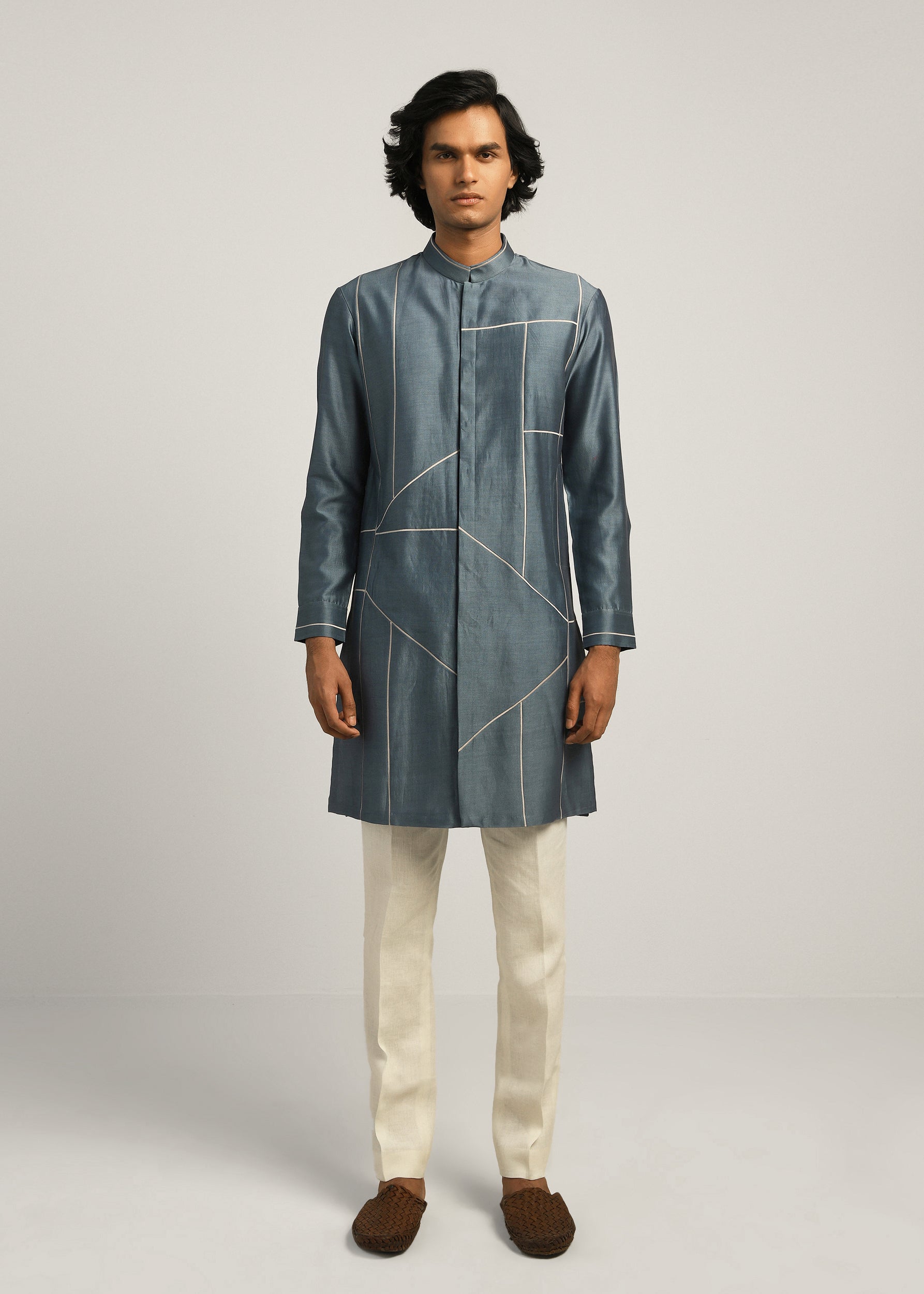 COUNTRYMADE Kurtas Patchwork Block Kurta Set bleu acier en coton-soie