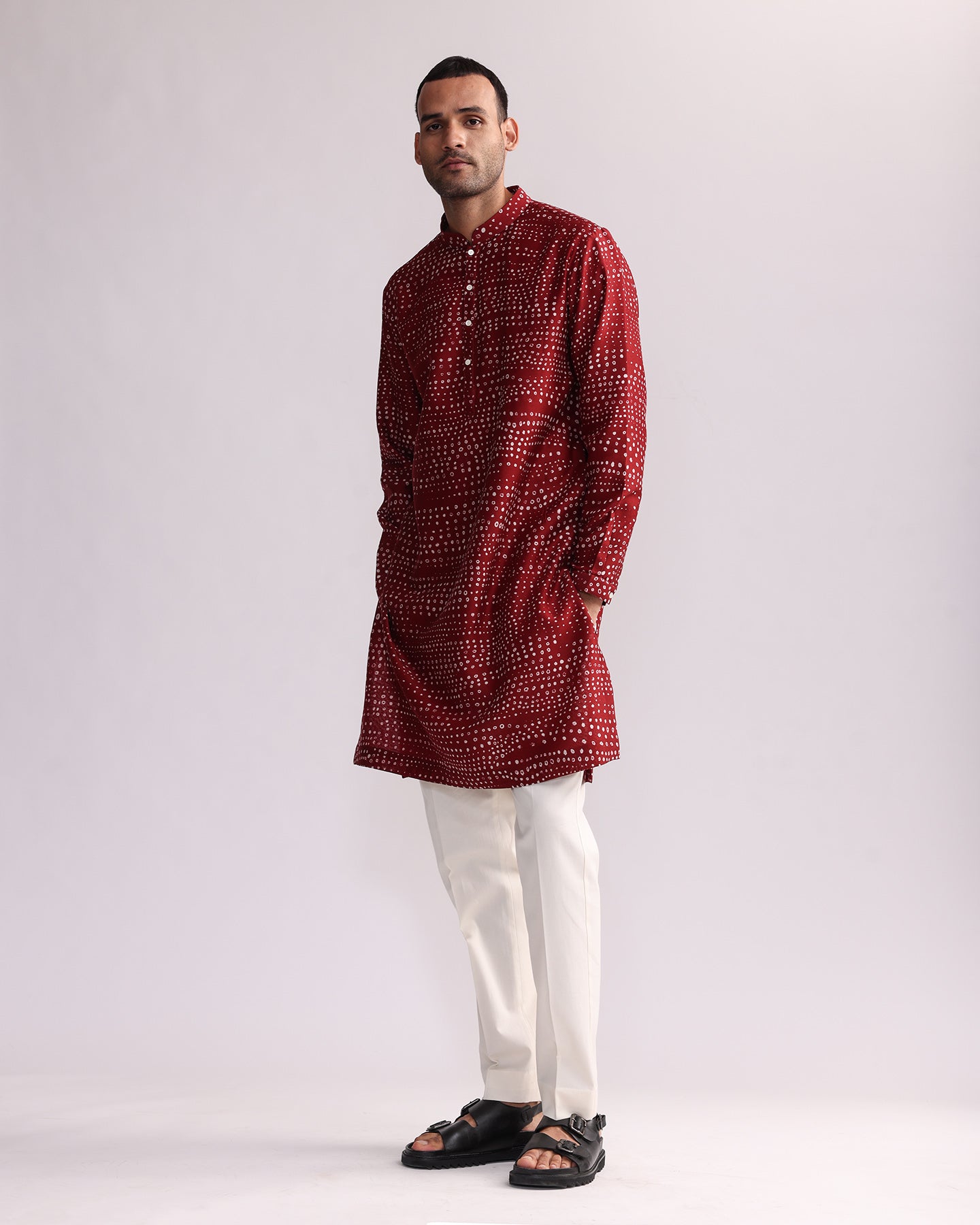 COUNTRYMADE Kurtas Aboriginal Dots Print Kurta kurta rouge en soie Chanderi imprimée