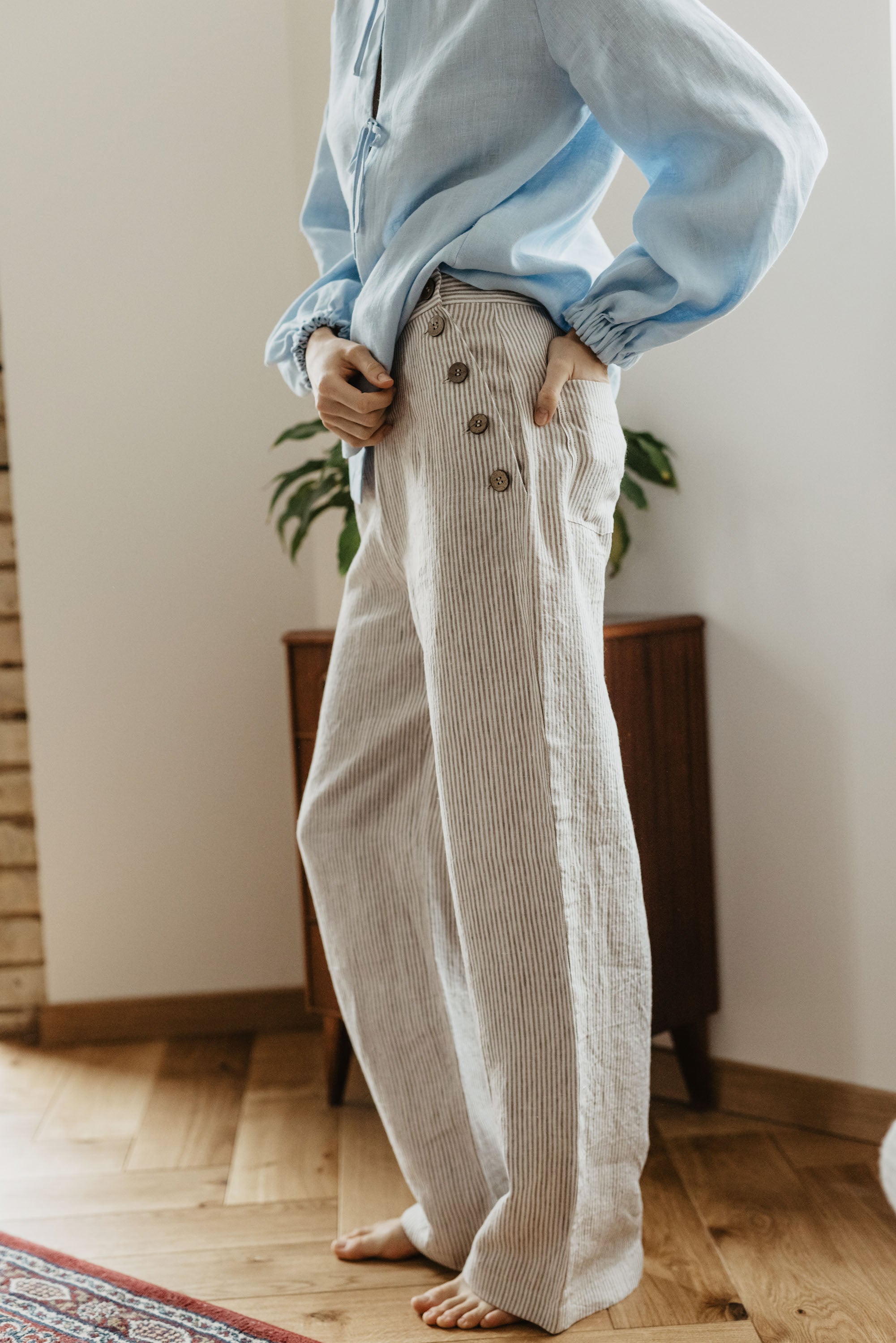 Laumė linen Linen Bottoms Klaipeda pantalon en lin beige à rayures