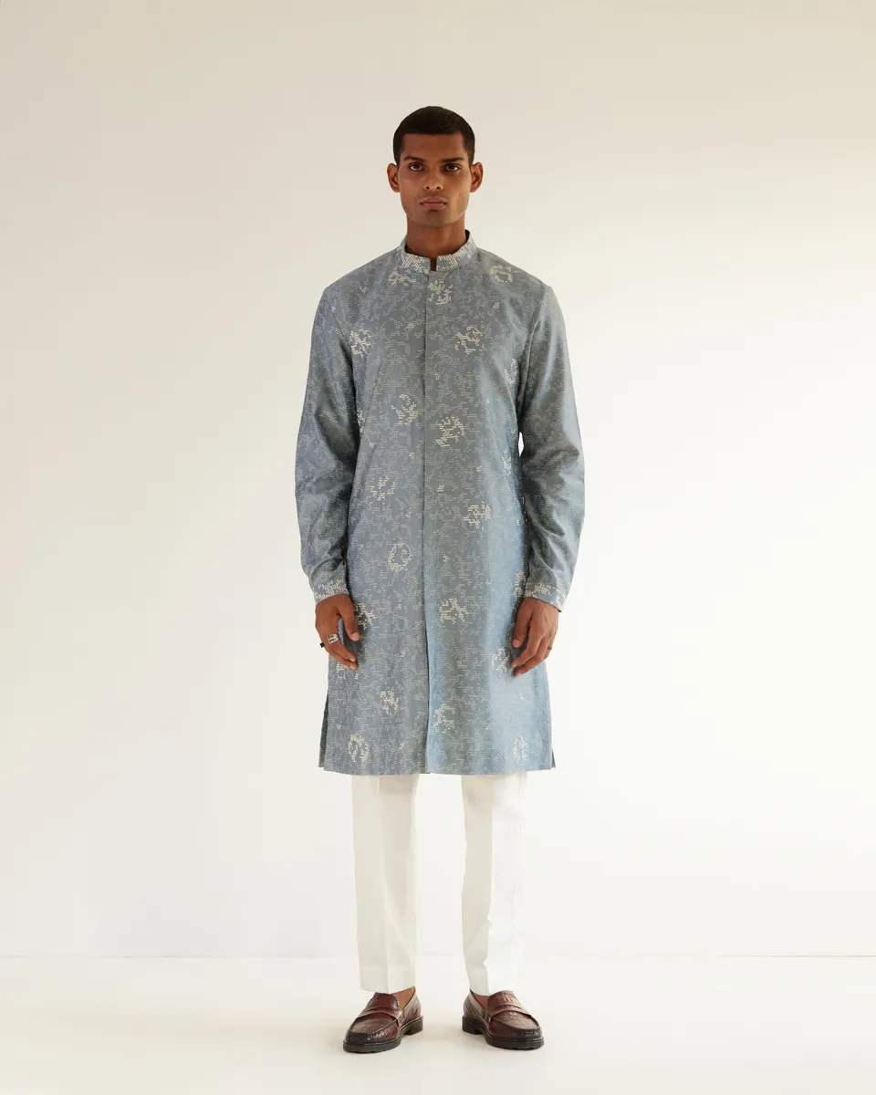 COUNTRYMADE Kurtas Block Embroidered Front Open Kurta Set bleu poudre