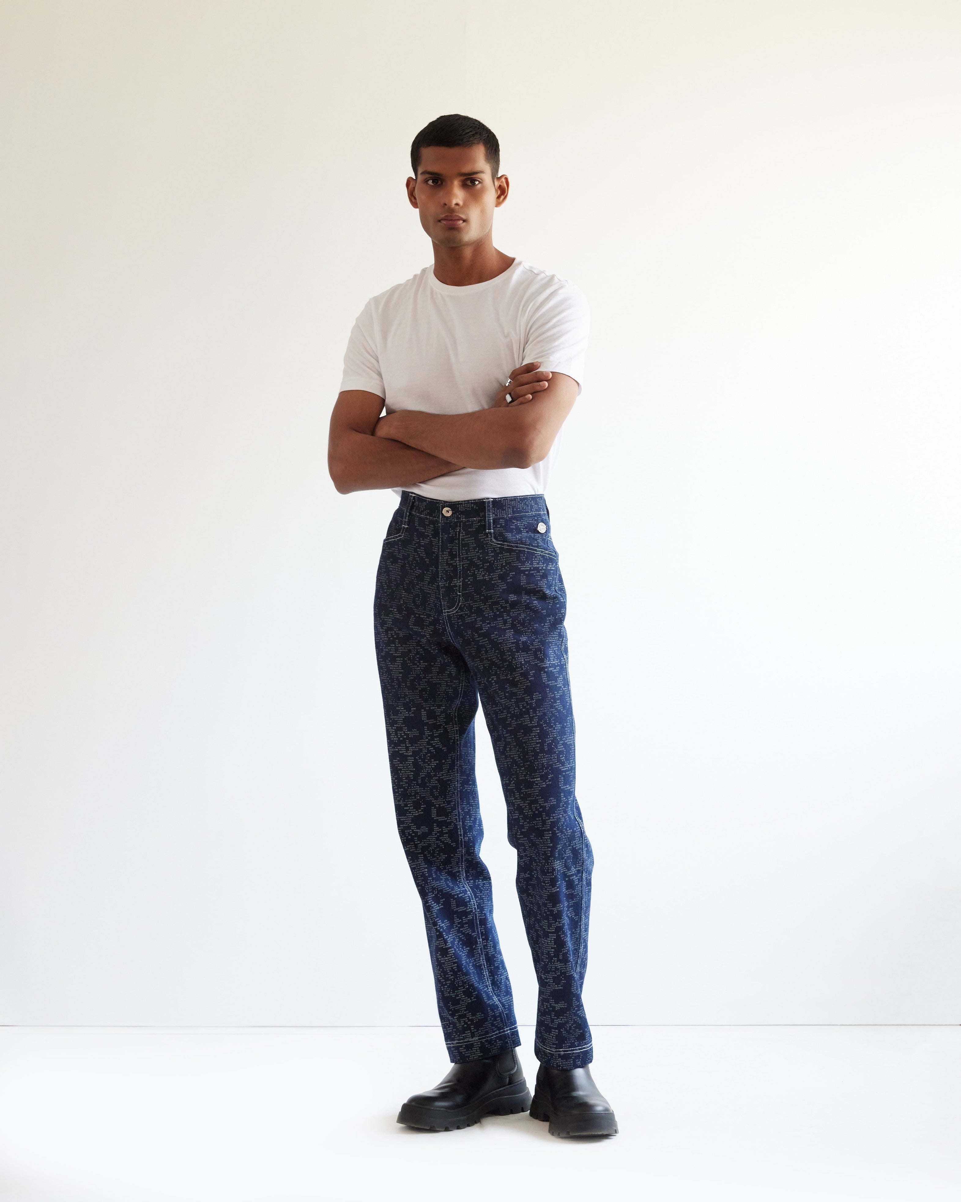 COUNTRYMADE Trousers Block Print Denim pantalon droit bleu marine