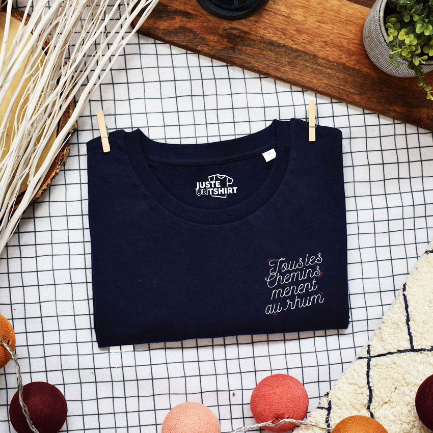Juste Un T-shirt T-shirts Brodés Tous les chemins mènent au rhum T-shirt brodé blanc humour